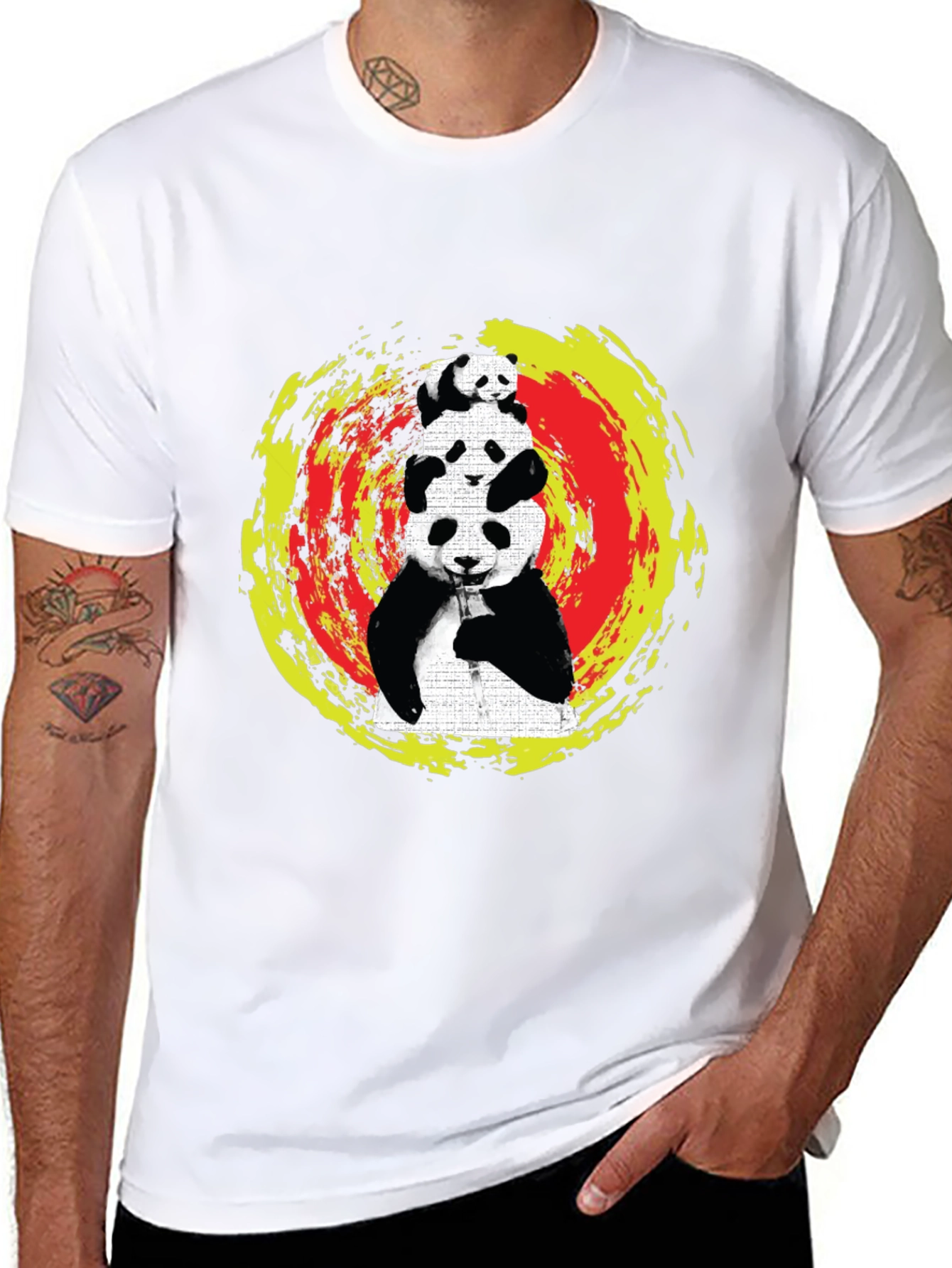 Black Stacked Panda Graphic Tee - Black Cotton Blend view 8