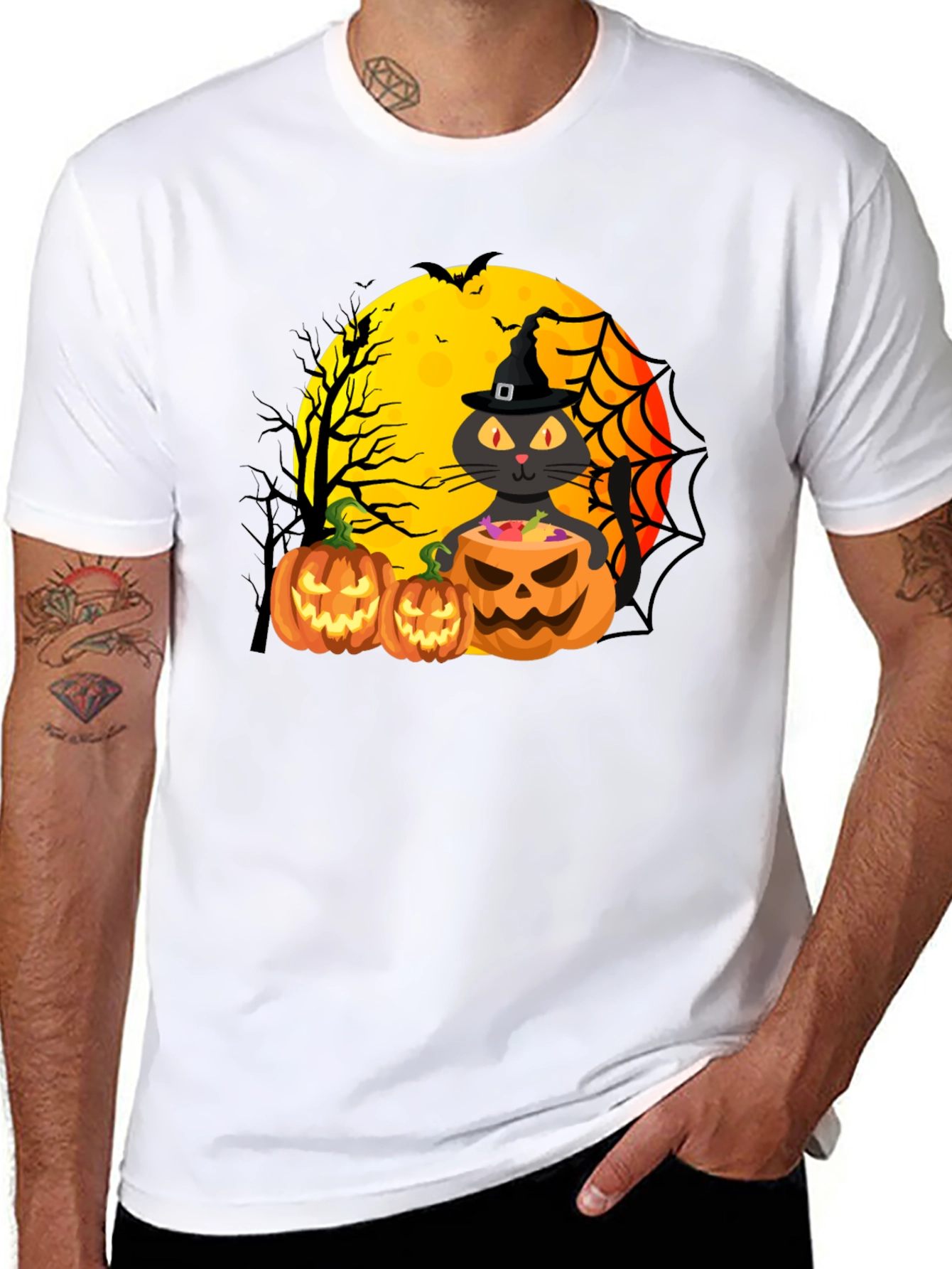 Black Halloween Cat & Pumpkins Black T-Shirt view 8