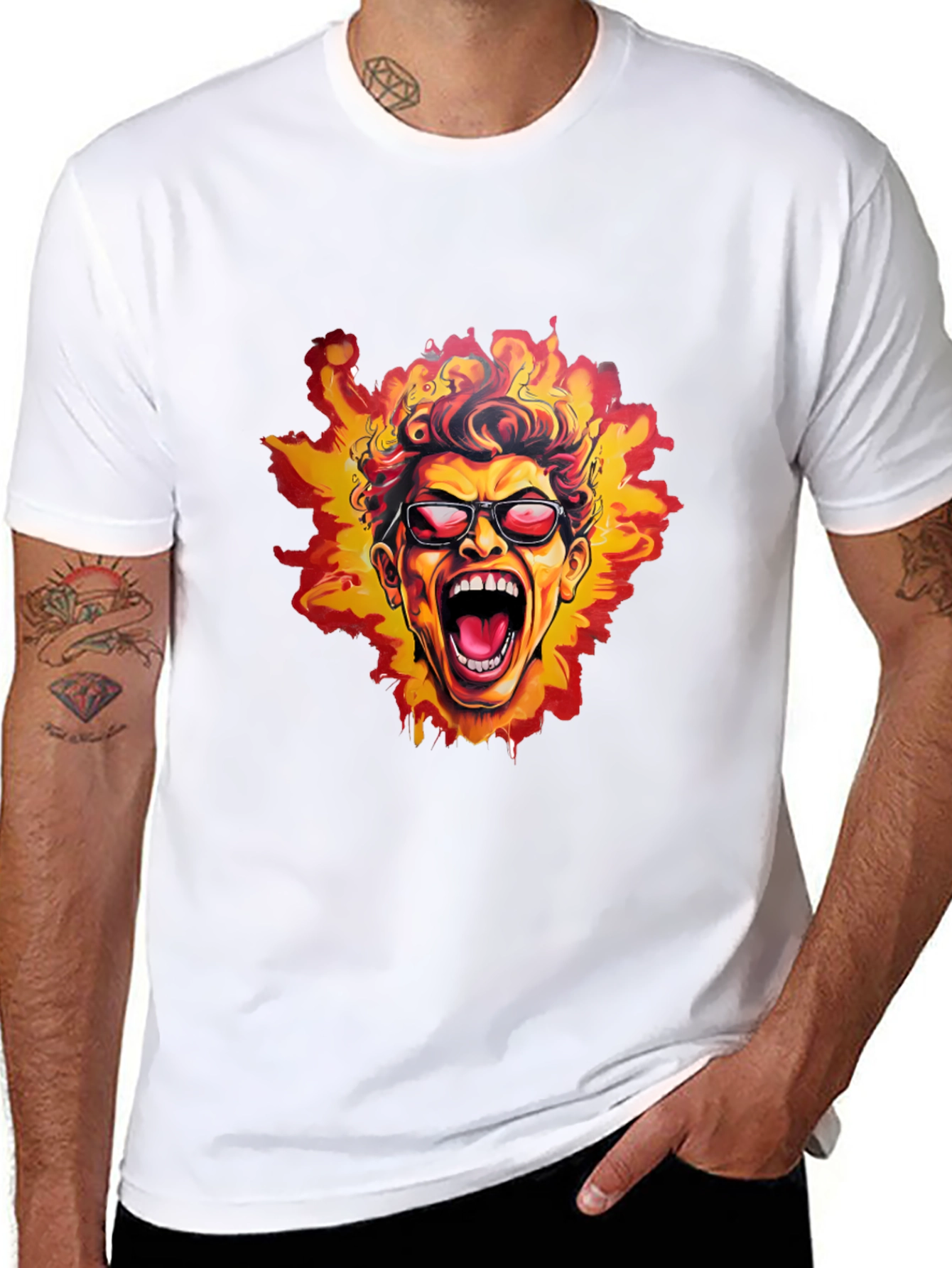 Black Fiery Screaming Face Graphic Black T-Shirt view 8