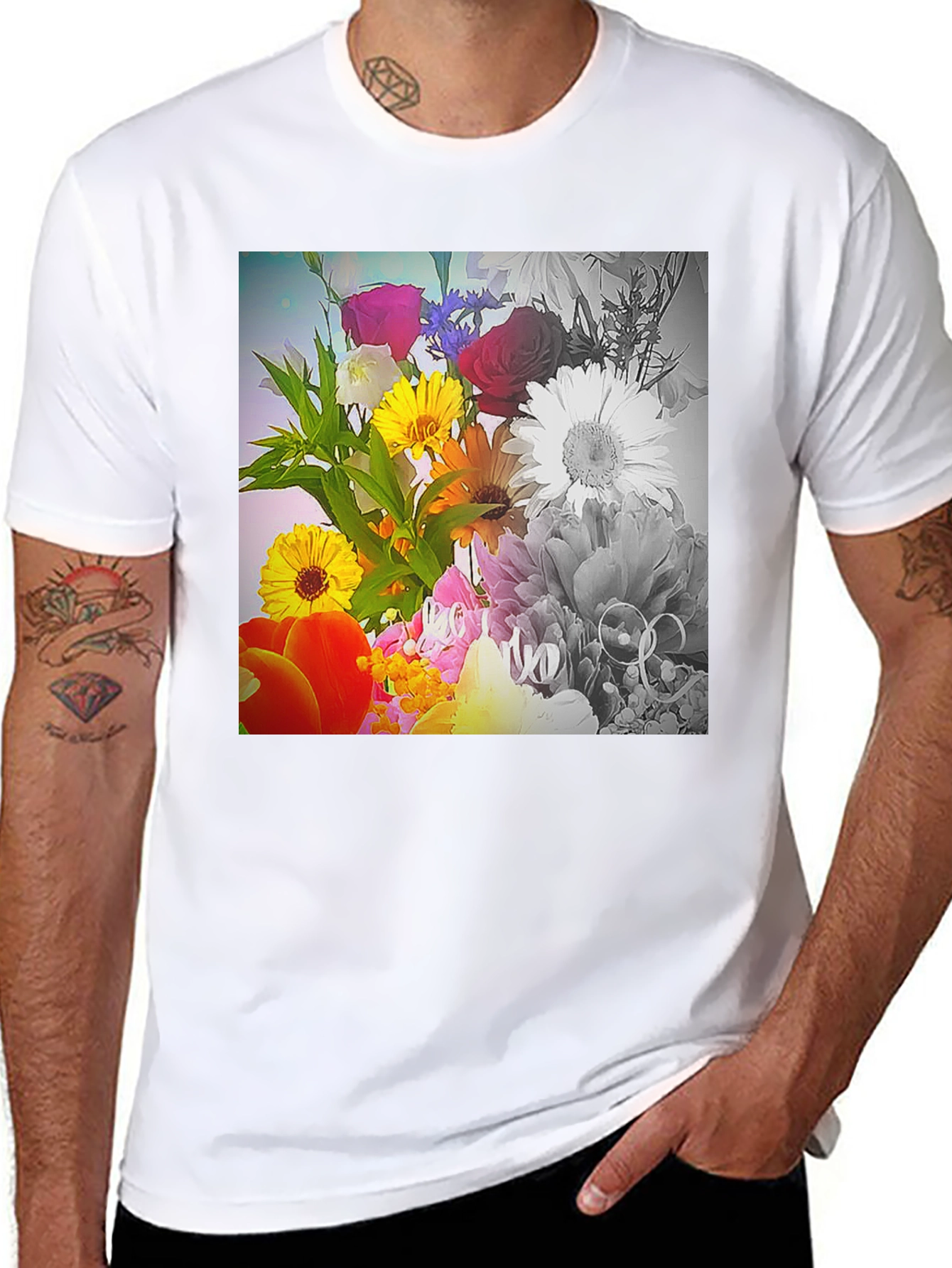 Black Floral Bouquet Graphic T-Shirt - Vivid Print Tee view 8