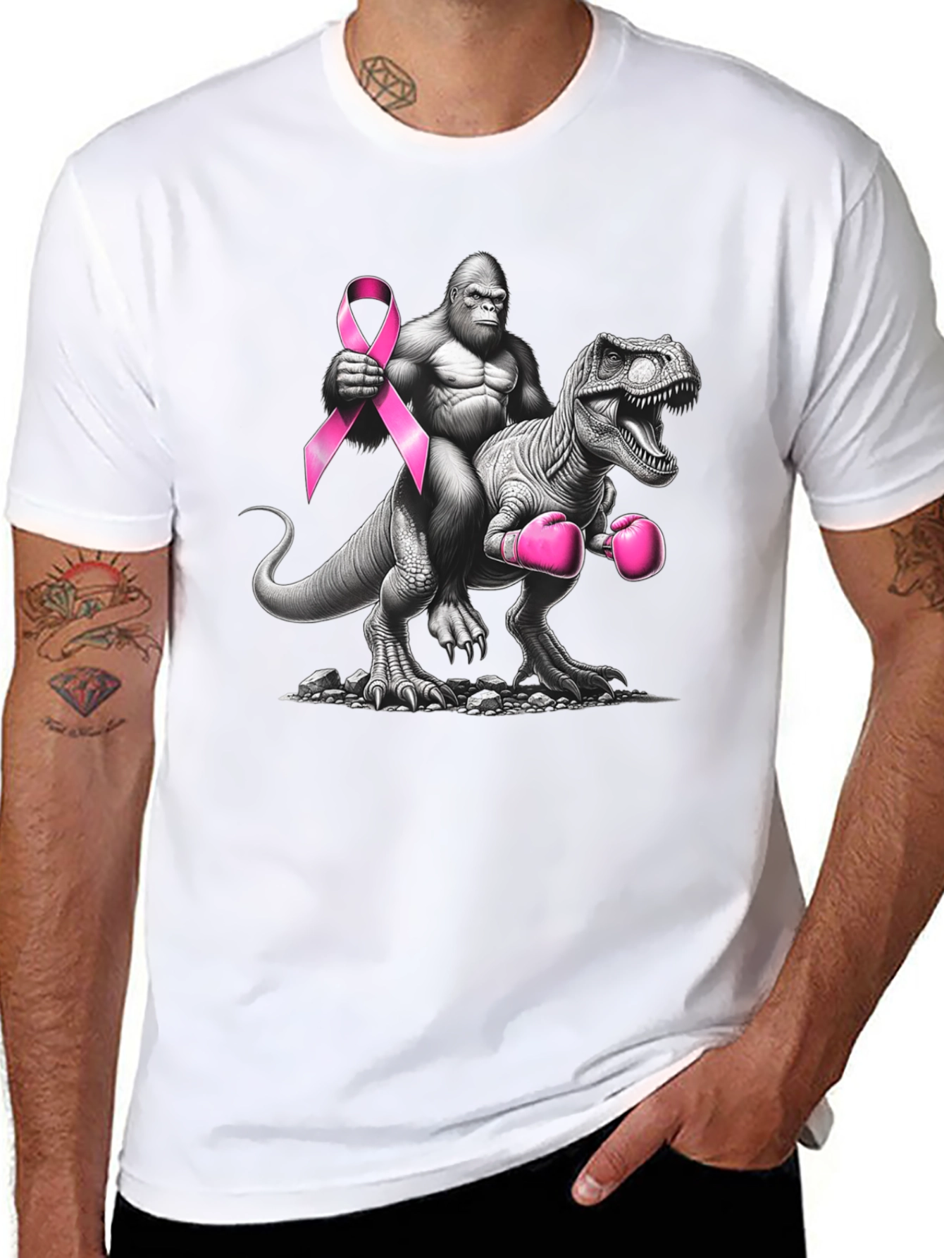 Black Gorilla Riding Dino Breast Cancer Awareness T-Shirt view 8
