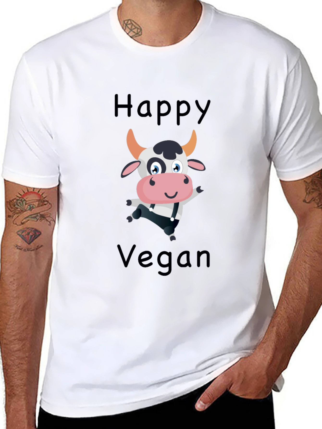 Black Happy Vegan Cartoon Cow Black T-Shirt view 8