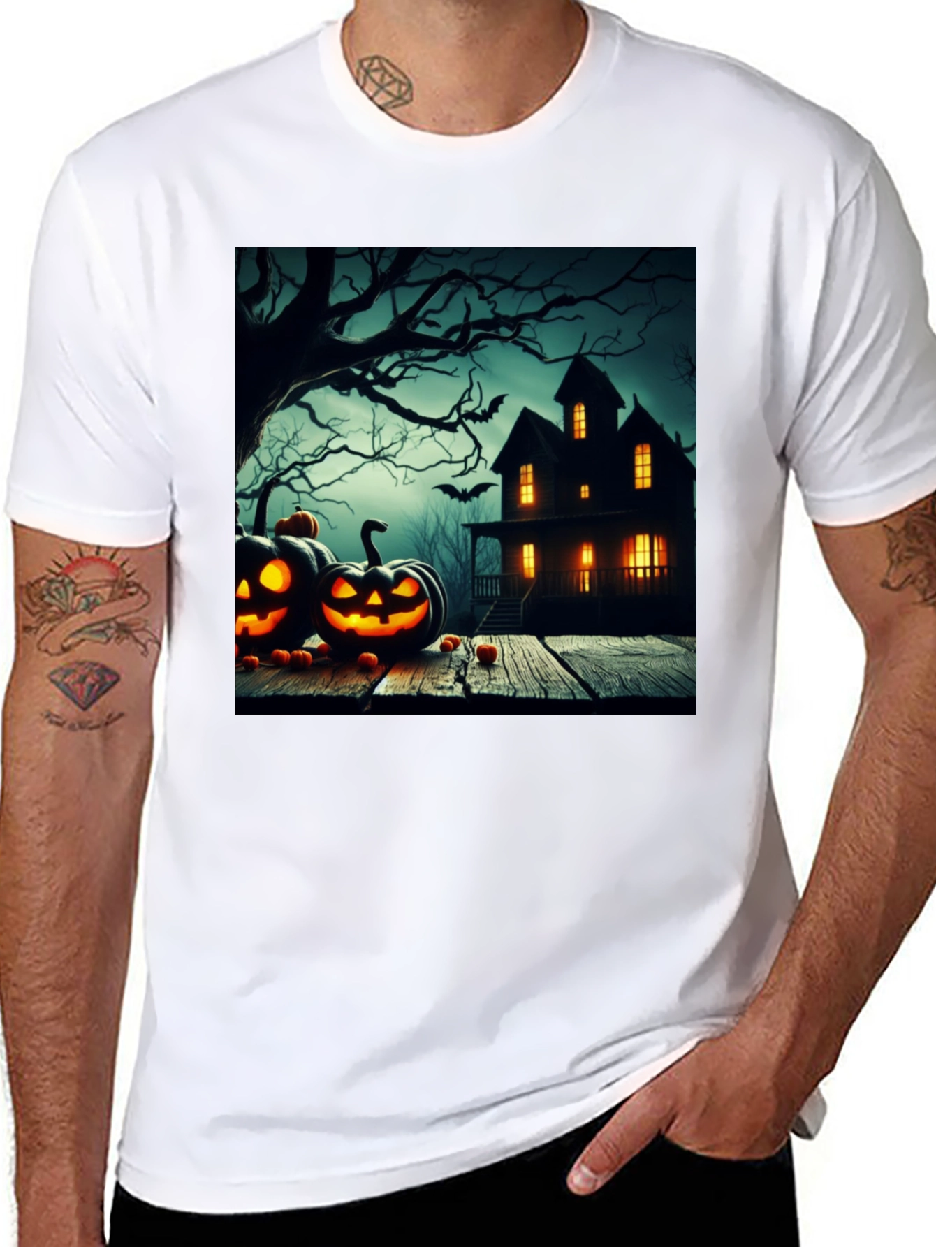 Black Halloween Haunted House T-Shirt view 8