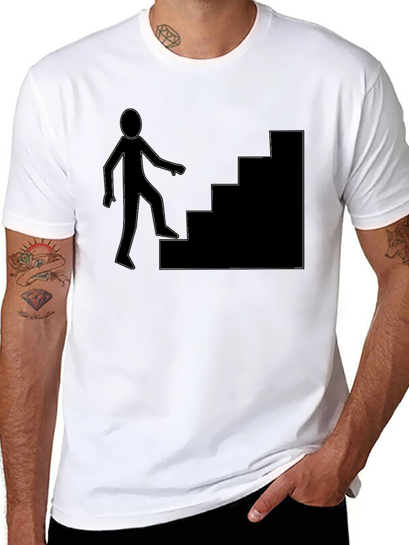 Black Men's Black T-Shirt with Stairs Graphic view 8