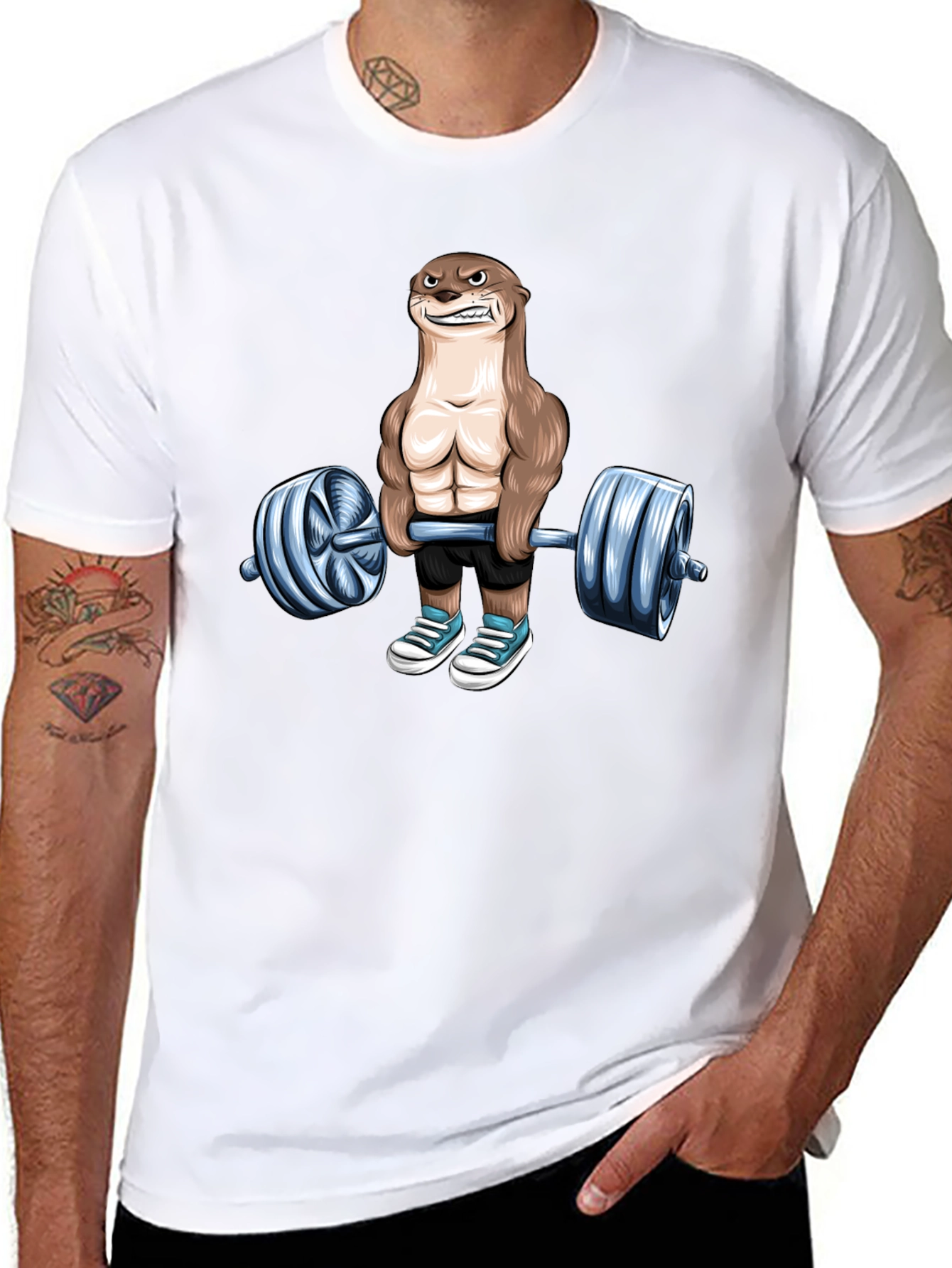 Black Funny Otter Lifting Weights T-Shirt Gym Lover view 8