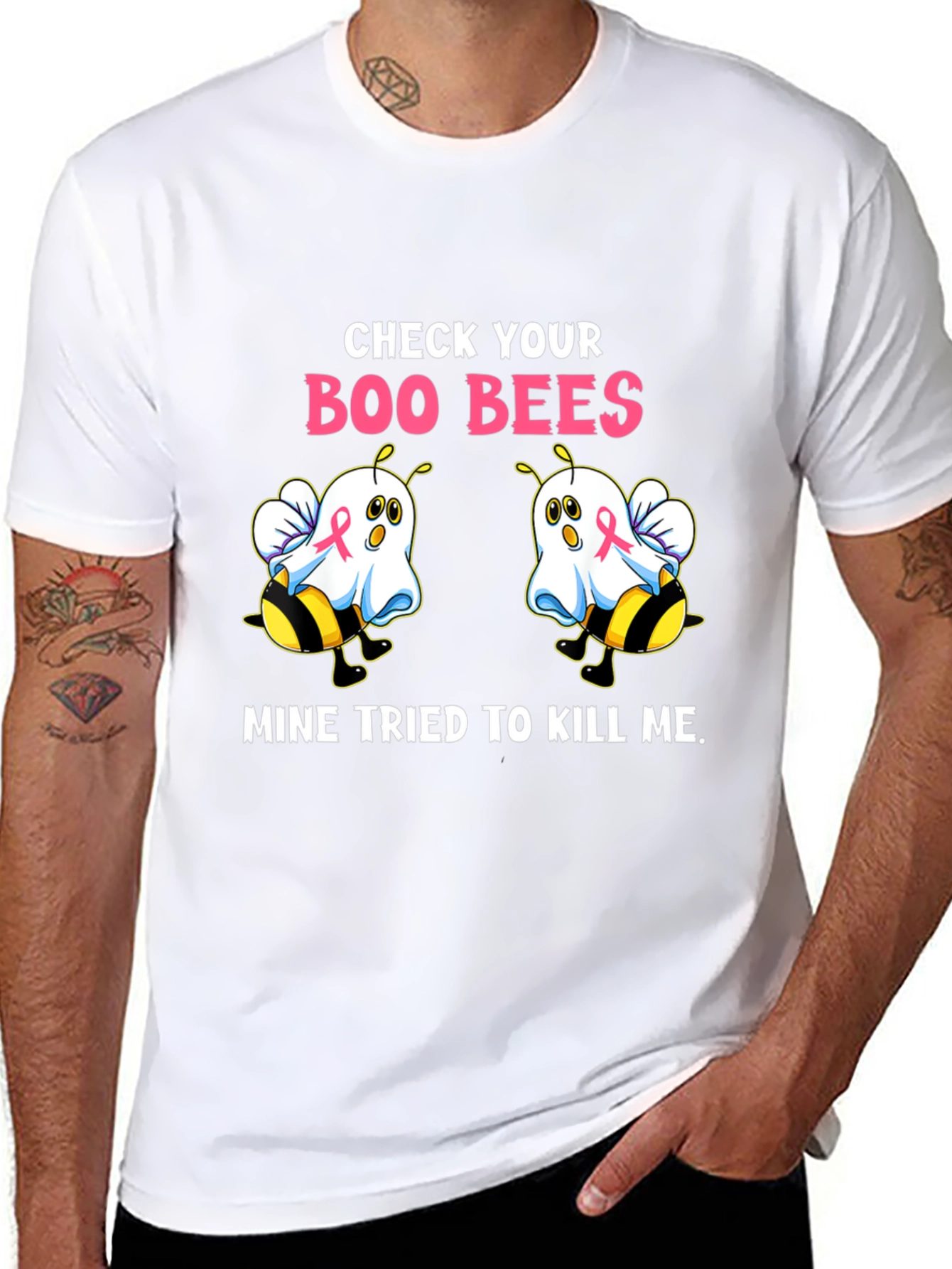 Black Boo Bees T-Shirt Breast Cancer Awareness Halloween Tee view 8