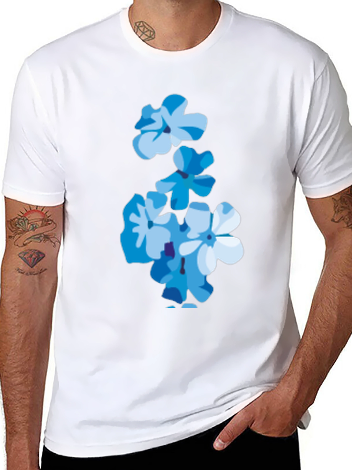 Black Floral Print Tee - Trendy Blue Flower T-Shirt view 8
