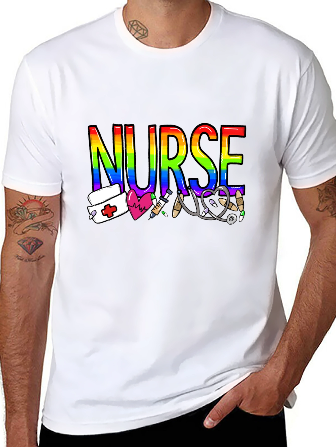 Black Rainbow Nurse Graphic T-Shirt - Medical Pride Tee view 8