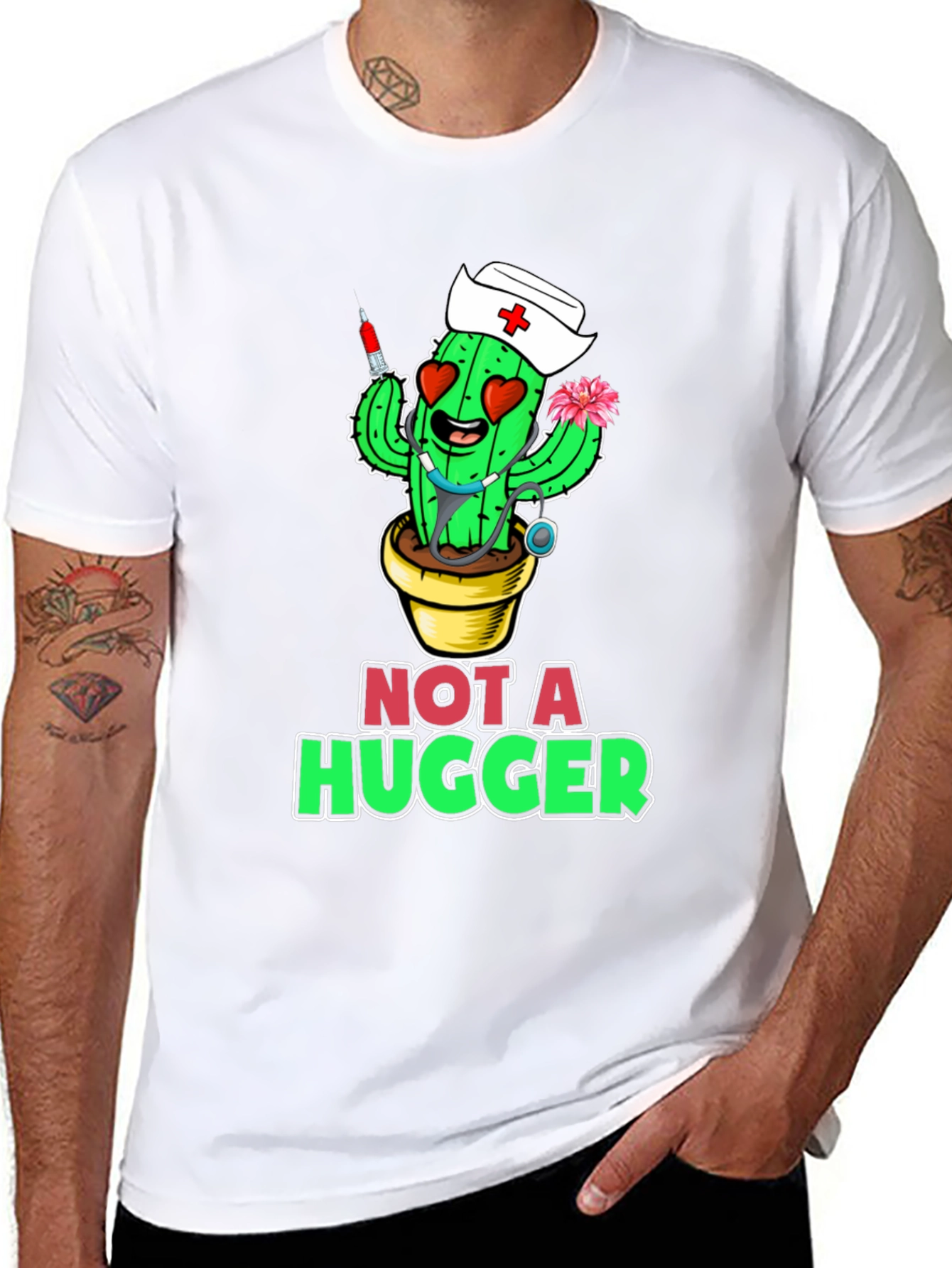 Black Not A Hugger Cactus Nurse T-Shirt view 8