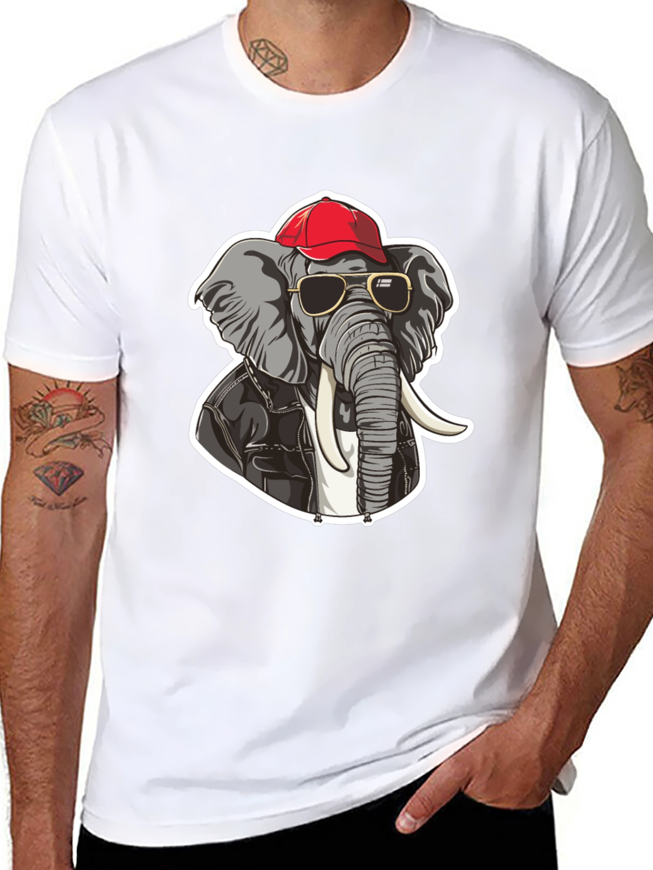 Black Cool Elephant Tee: Biker Style Cartoon Graphic T-Shirt view 8