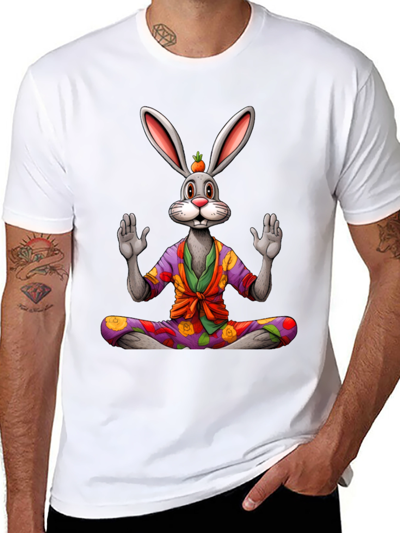 Black Zen Rabbit Graphic Tee - Meditating Hare Shirt view 8
