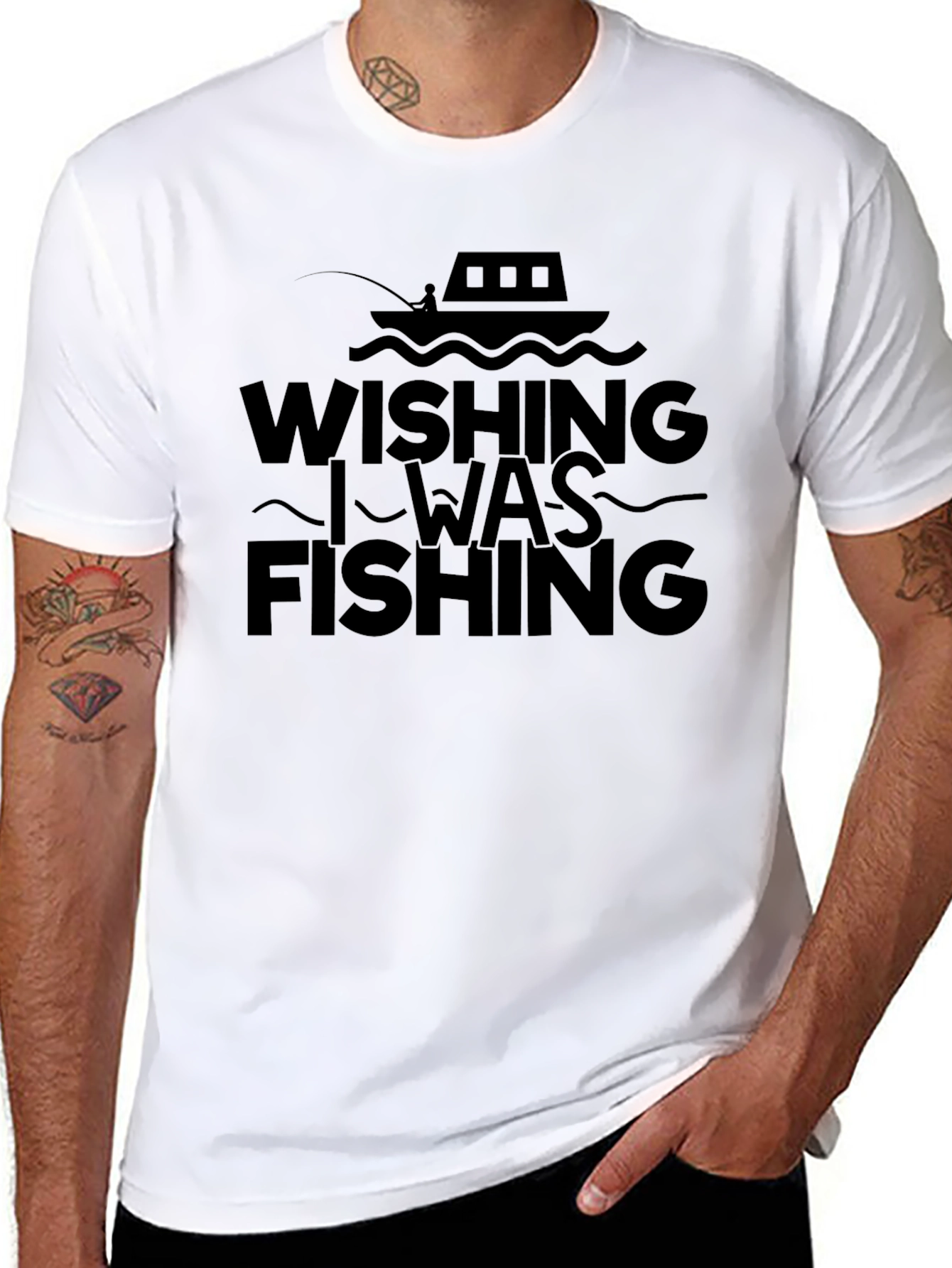 Black Wishing I Was Fishing Black Tee Shirt view 8