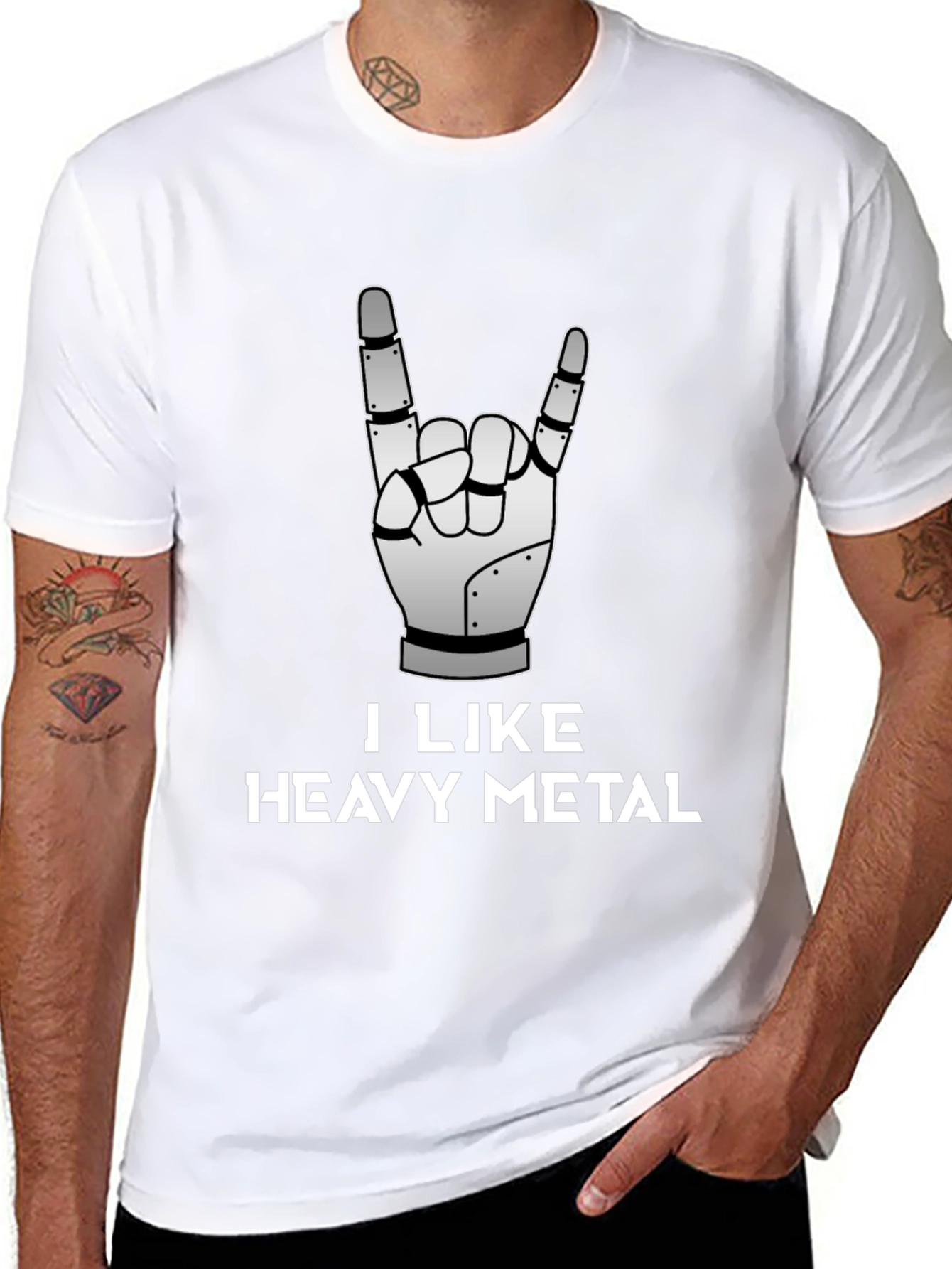 Black I Like Heavy Metal Robot Hand Graphic Tee view 8