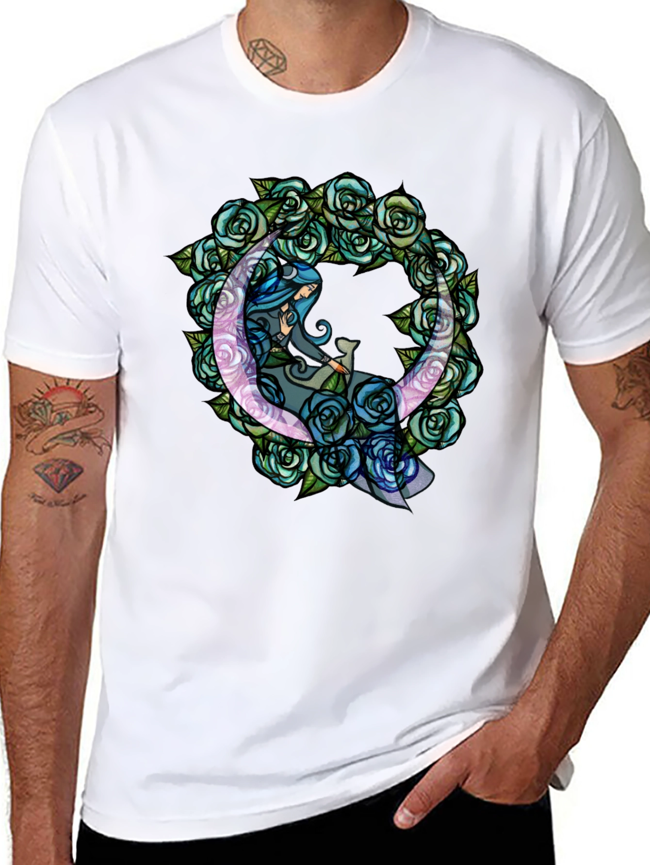 Black Mystic Moon & Roses Graphic T-Shirt - Black view 8