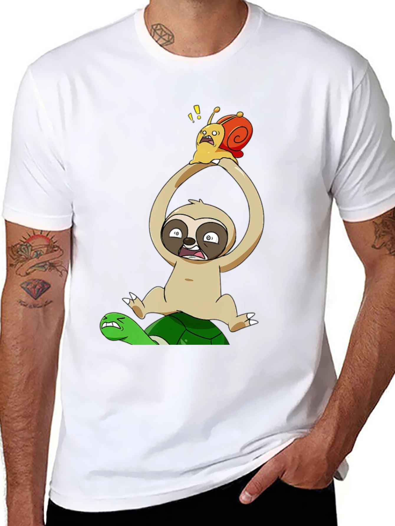 Black Funny Cartoon Animal T-Shirt: Sloth, Snail, Turtle view 8