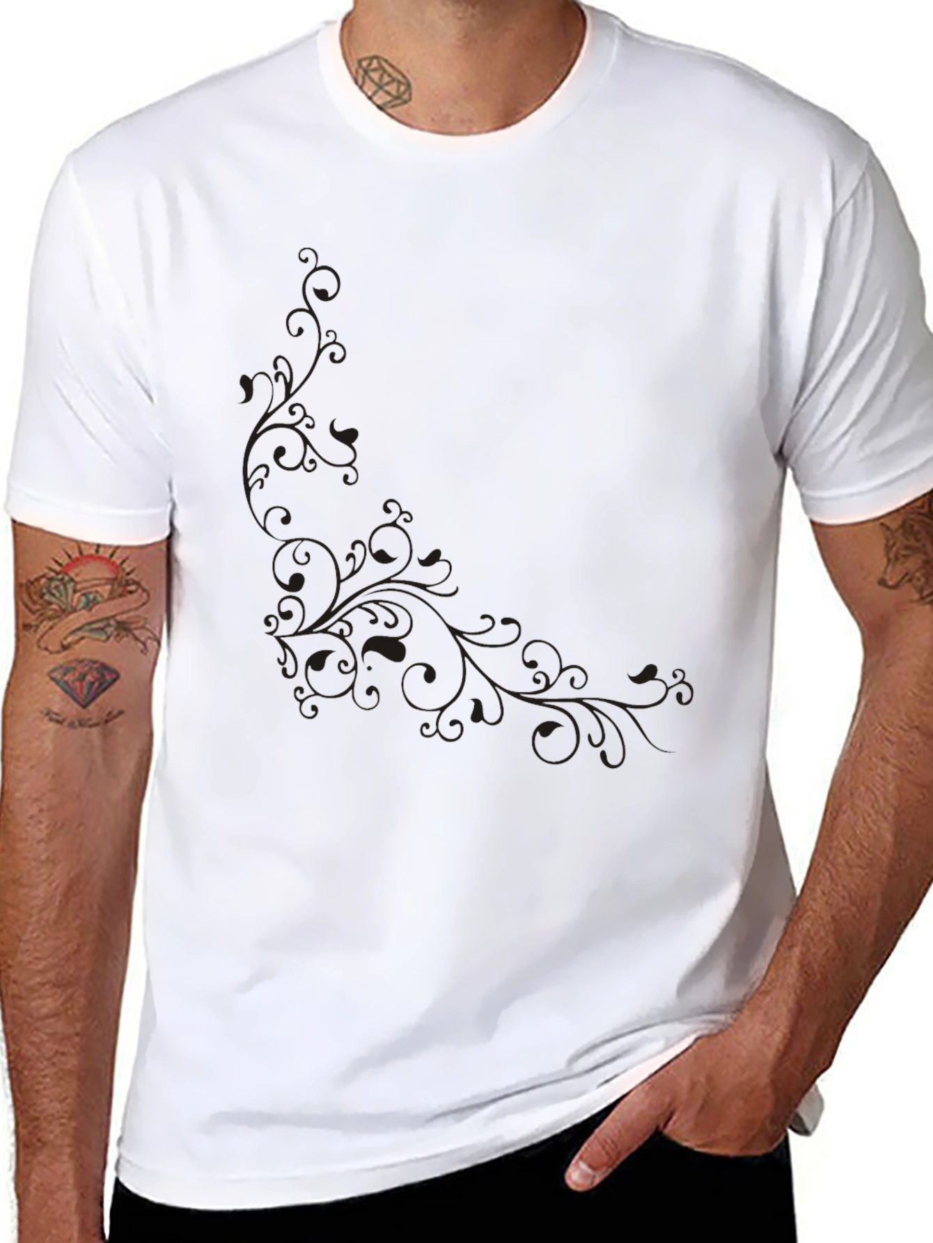 Black Men's Black T-Shirt with Subtle Floral Design view 8