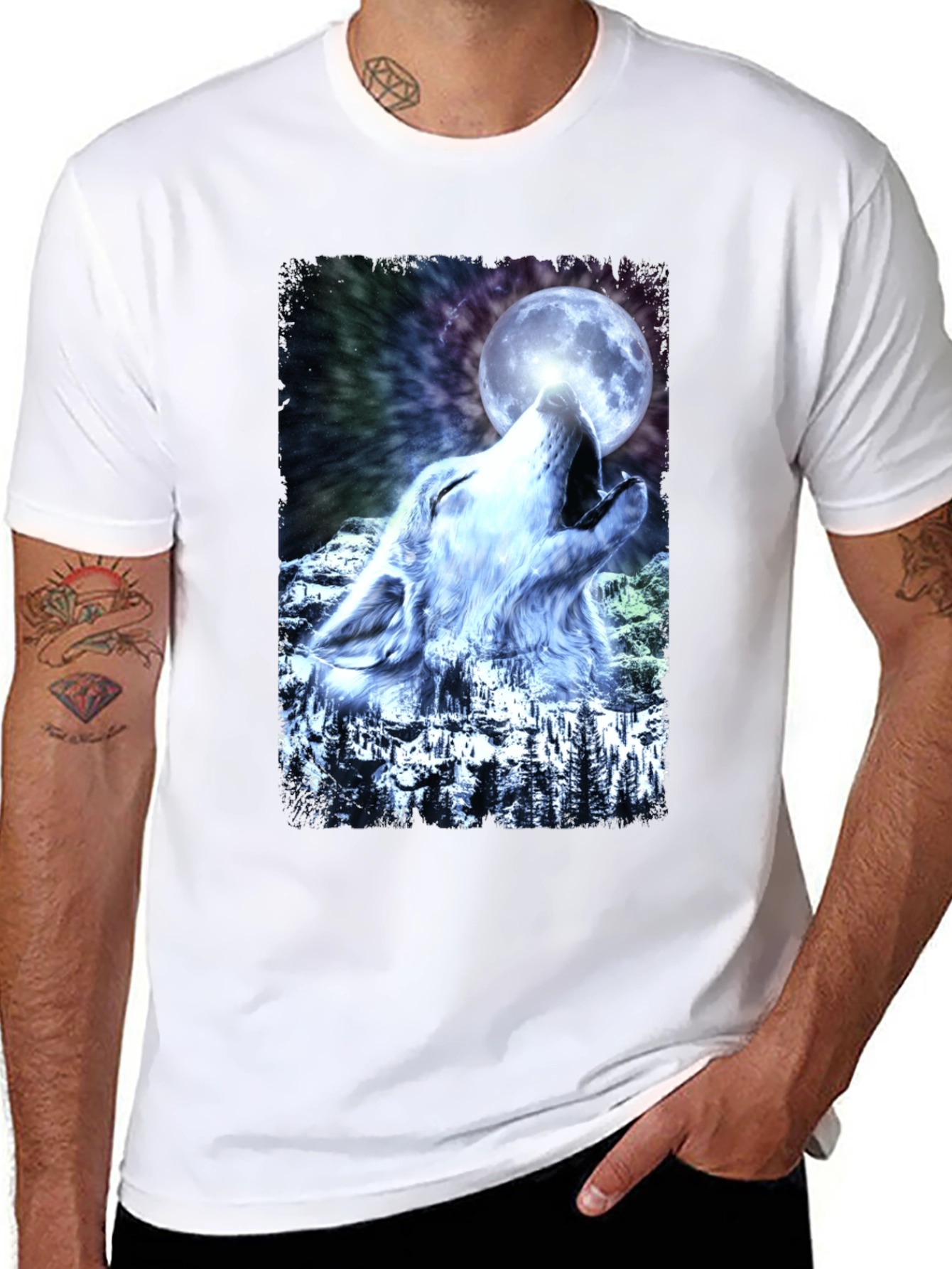 Black Wolf Howling Moon Graphic T-Shirt - Cool Design view 8