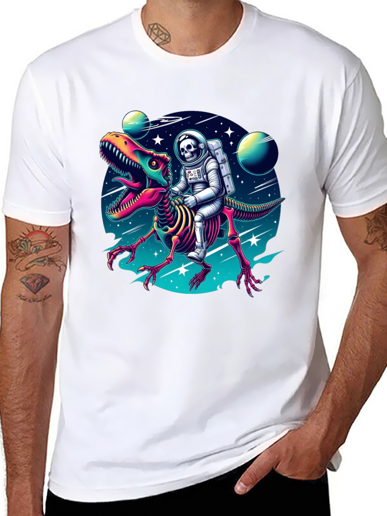 Black Astronaut Skeleton Riding Dinosaur Graphic Tee view 8
