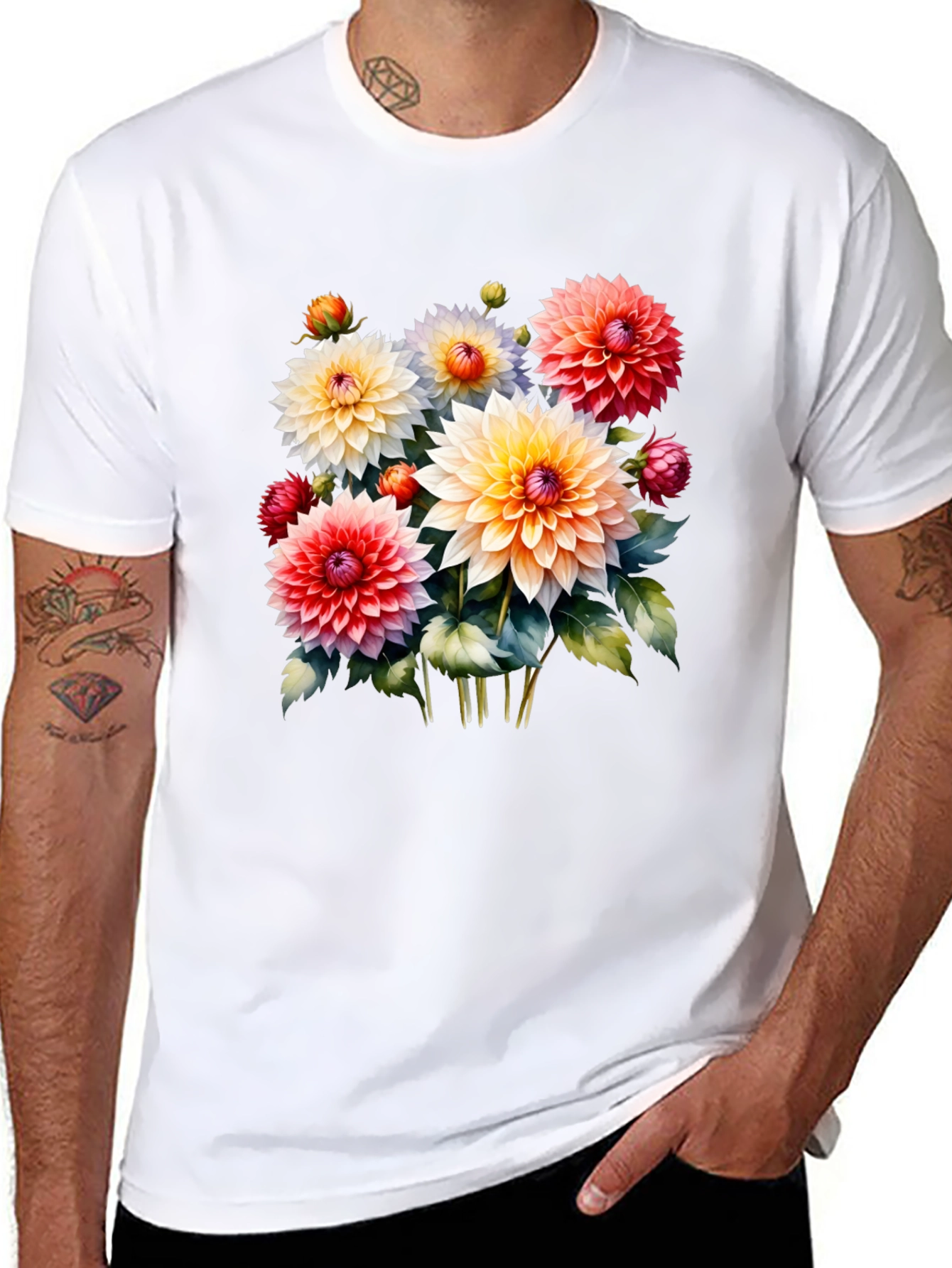 Black Floral Graphic Tee - Colorful Dahlia Design view 8