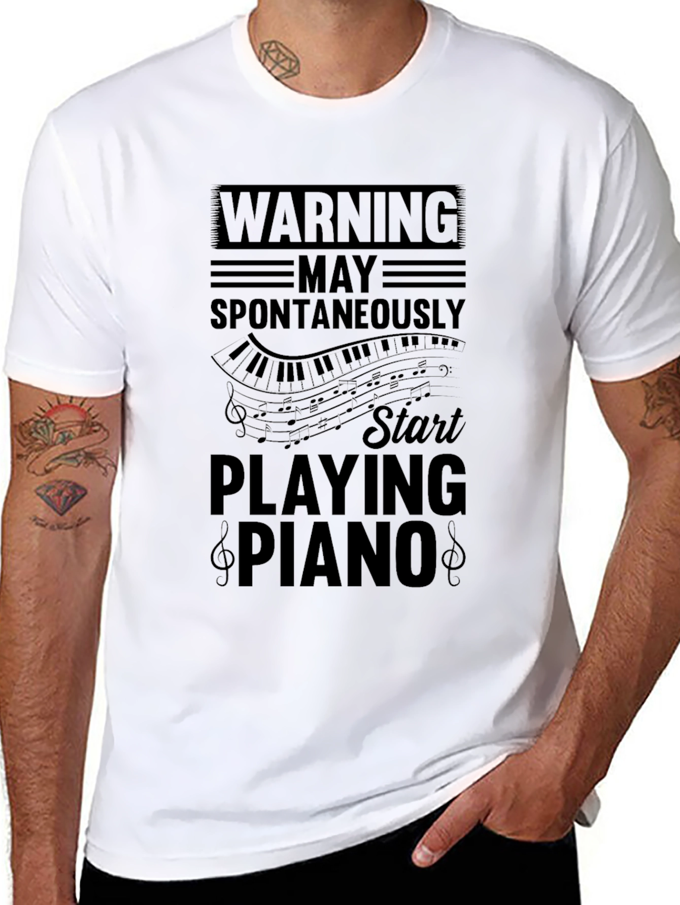 Black Warning: May Spontaneously Play Piano Graphic Tee view 8