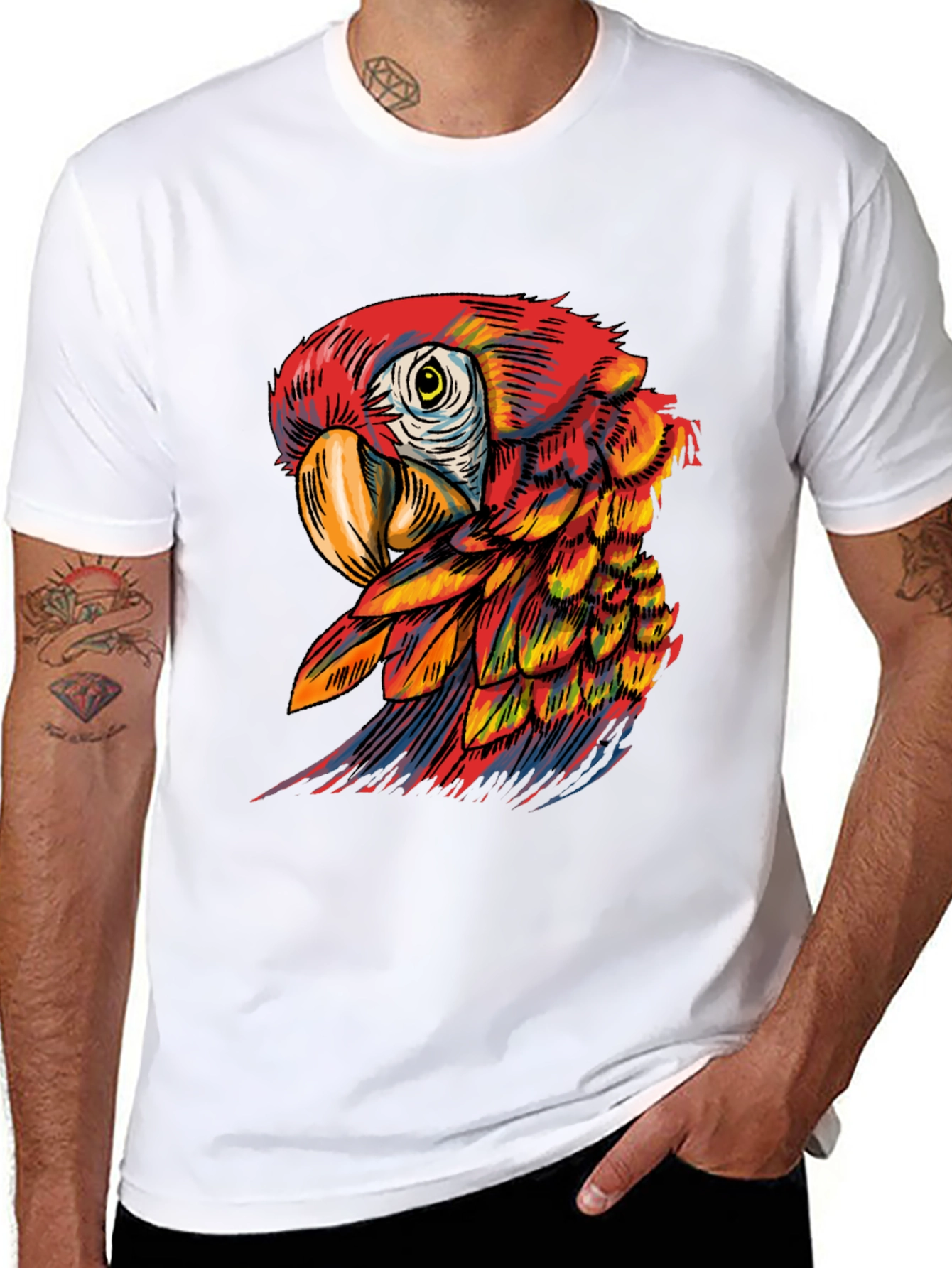 Black Vibrant Parrot Graphic Tee - Soft Black Cotton Blend view 8