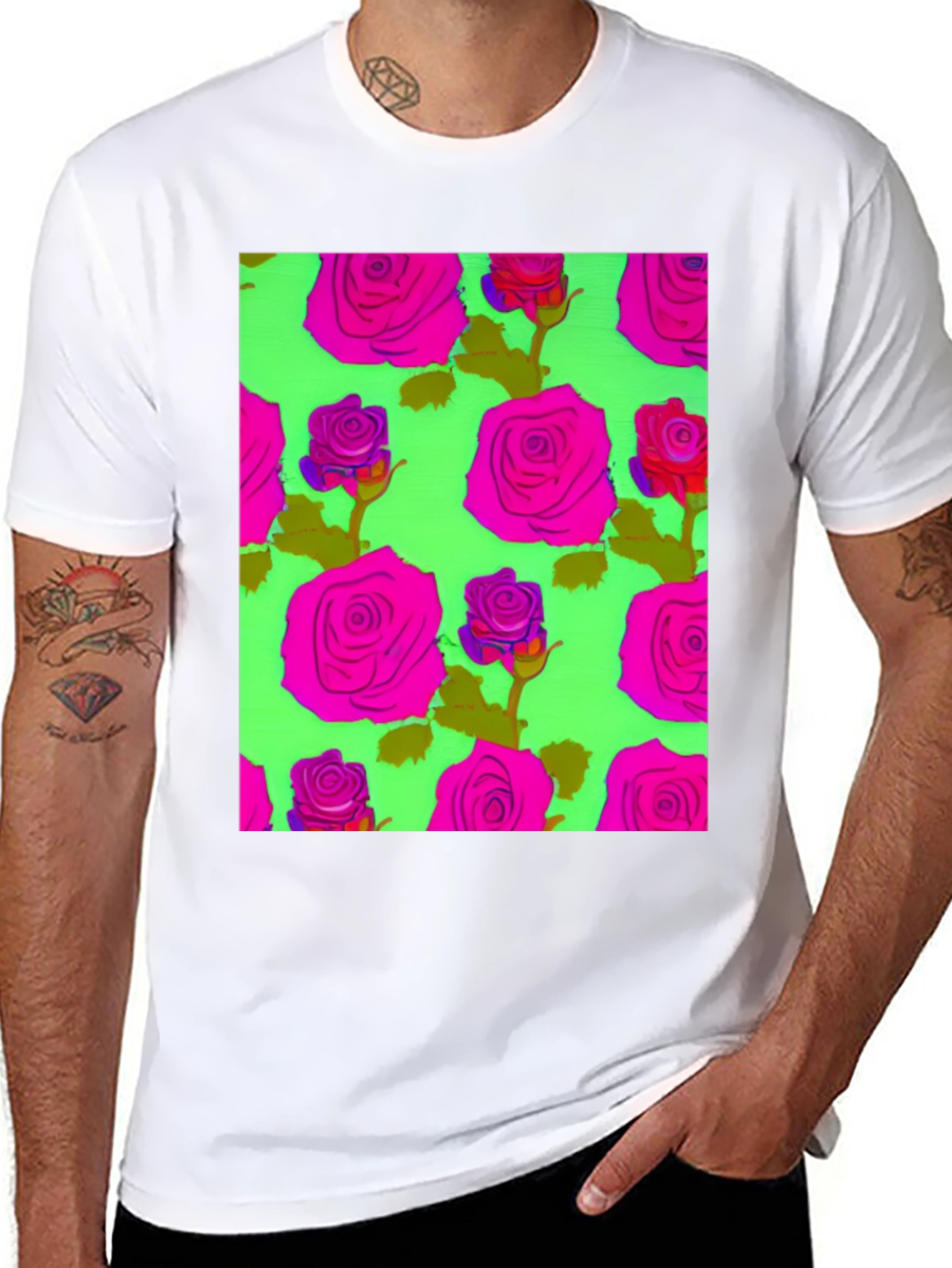 Black Vibrant Floral Rose Pattern Tee - Trendy Graphic T-Shirt view 8