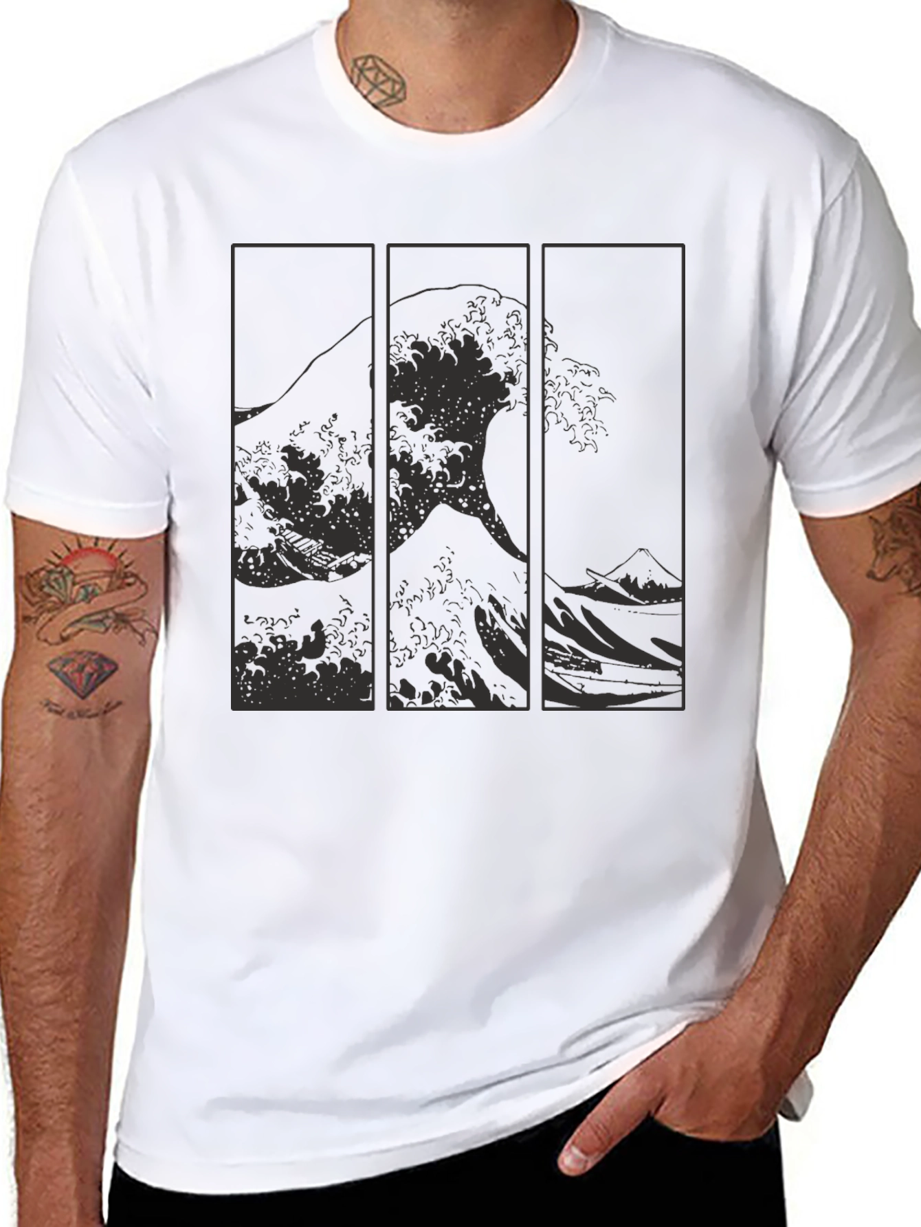 Black Great Wave Triptych Black T-Shirt - Artistic Style view 8