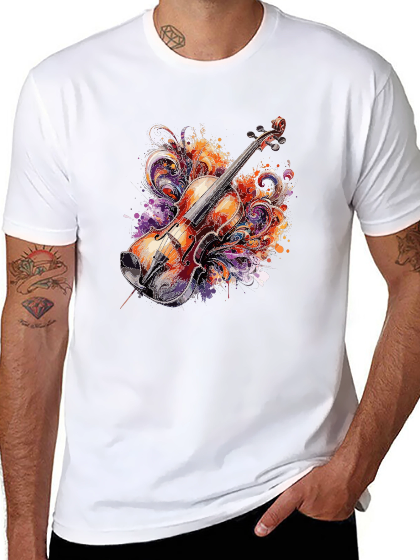 Black Musical Violin Graphic Tee - Artsy Black T-Shirt view 8