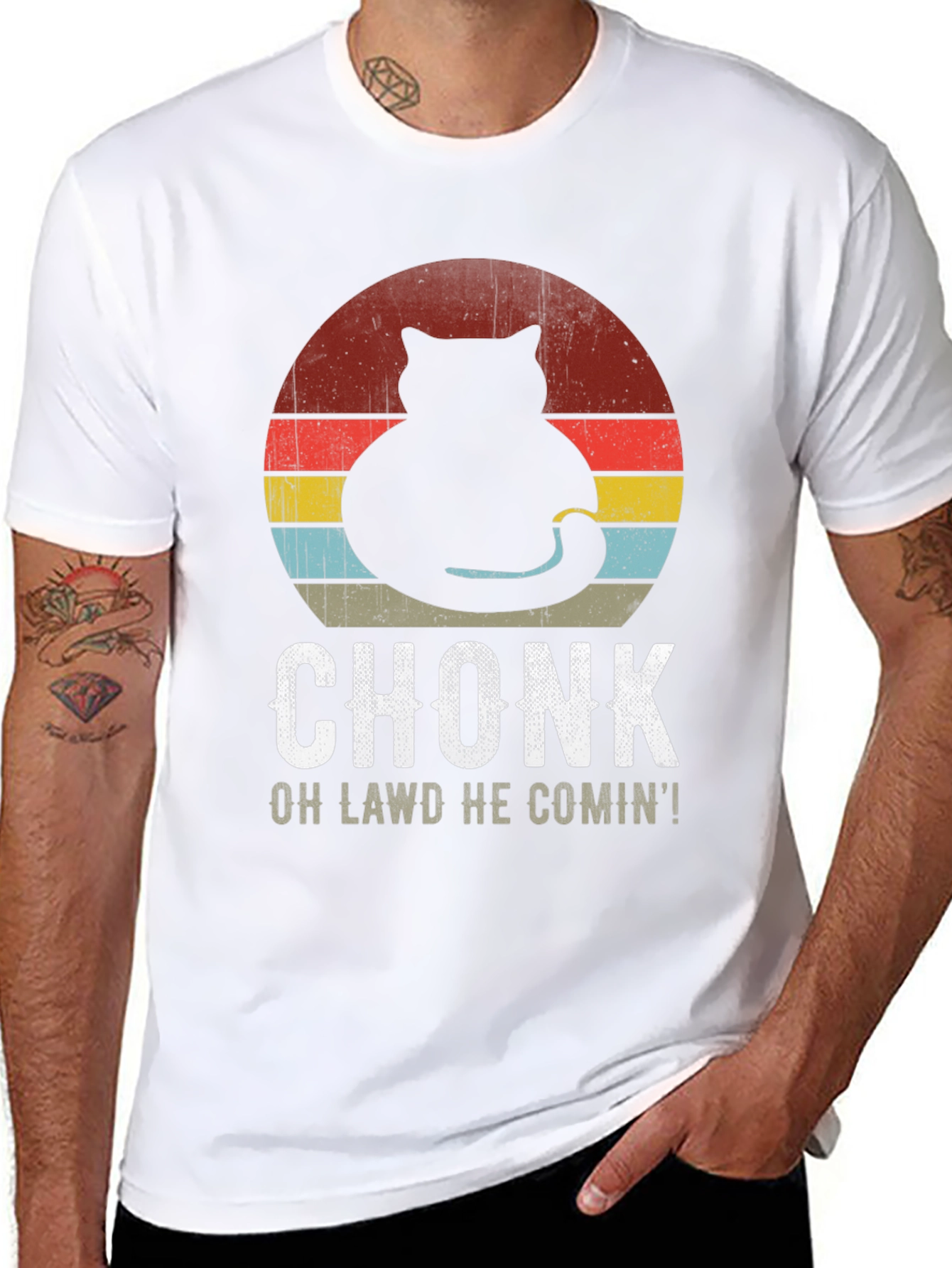 Black Chonk Cat Retro T-Shirt: Oh Lawd He Comin'! view 8