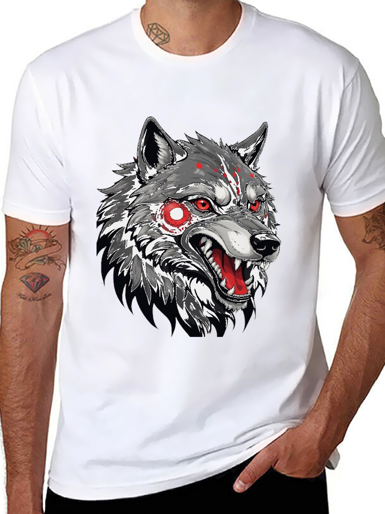 Black Men's Black T-Shirt with Wolf Graphic view 8