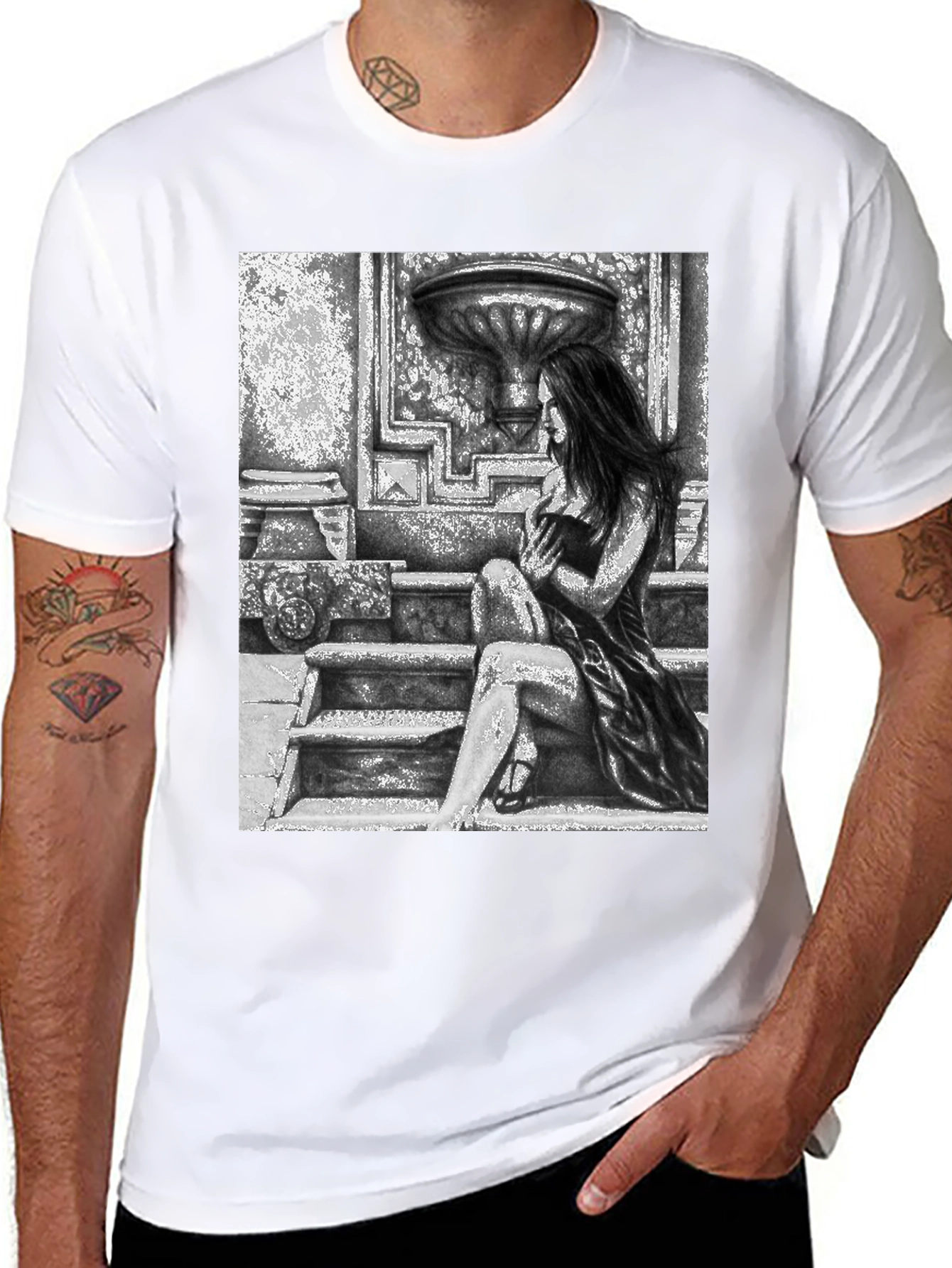 Black Gothic Beauty Tee - Woman on Steps Graphic T-Shirt view 8