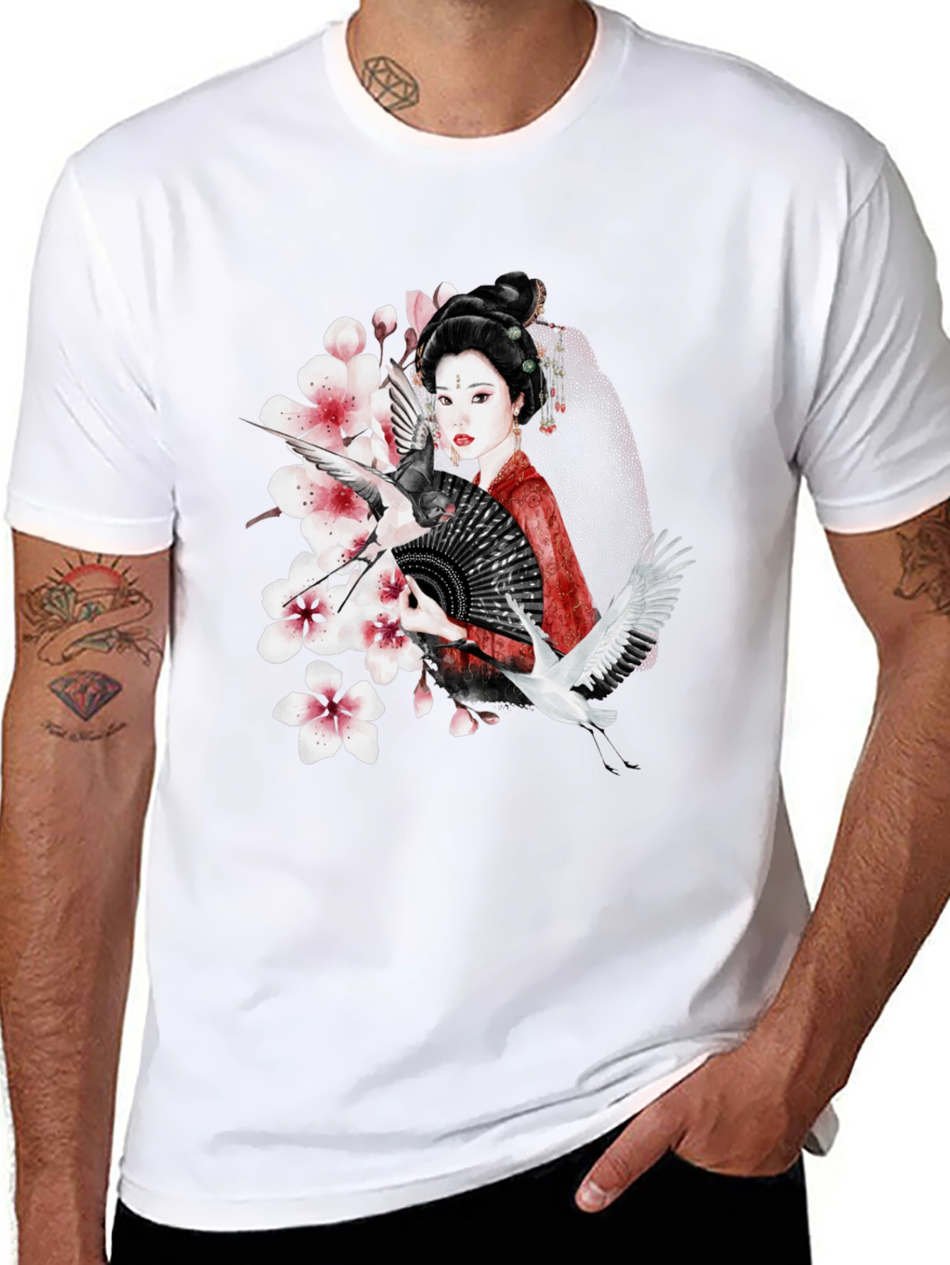 Black Asian Geisha Crane T-Shirt - Stylish Graphic Tee view 8