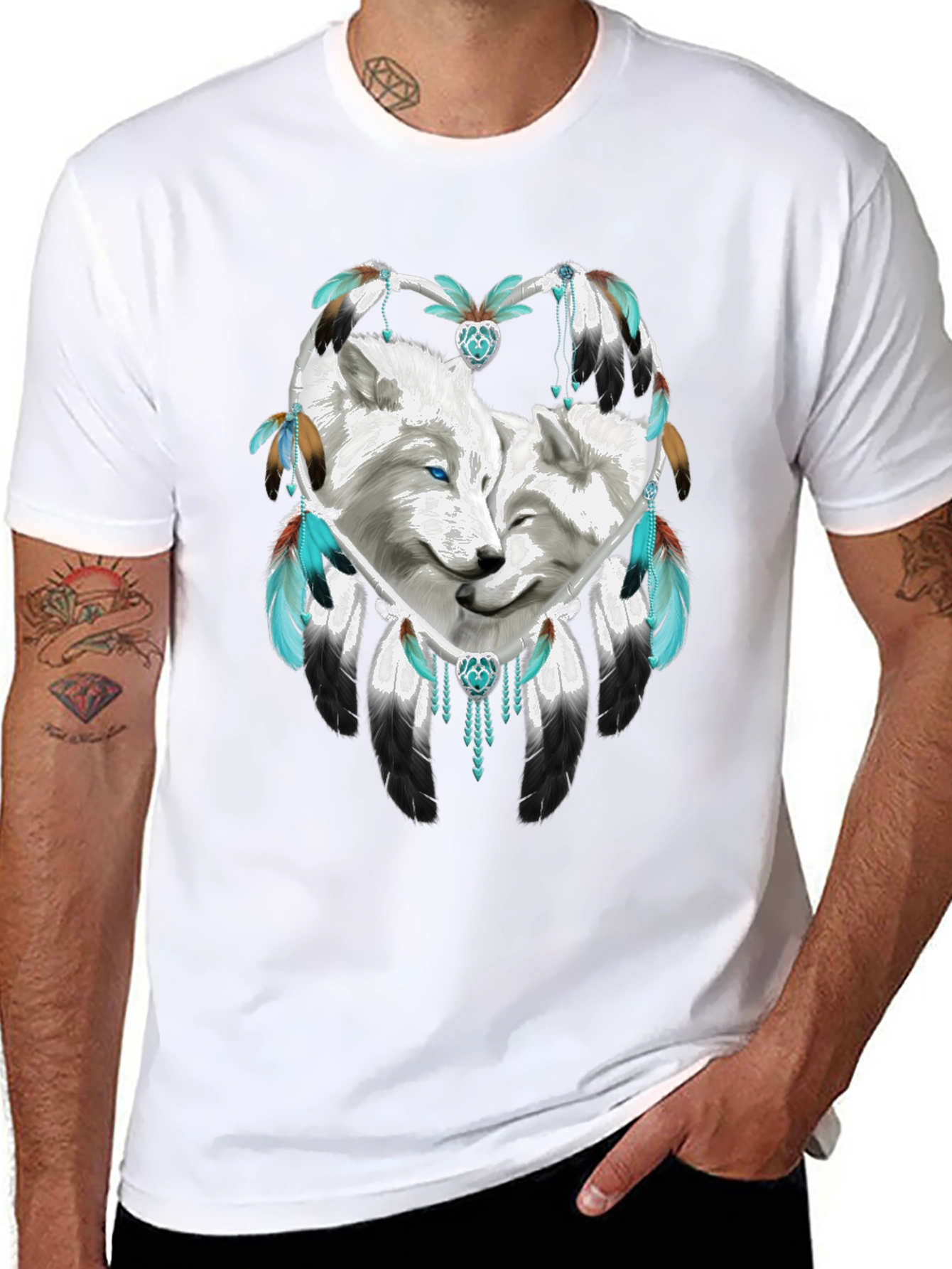 Black Wolf Dreamcatcher Graphic Tee - Black Cotton Blend Shirt view 8