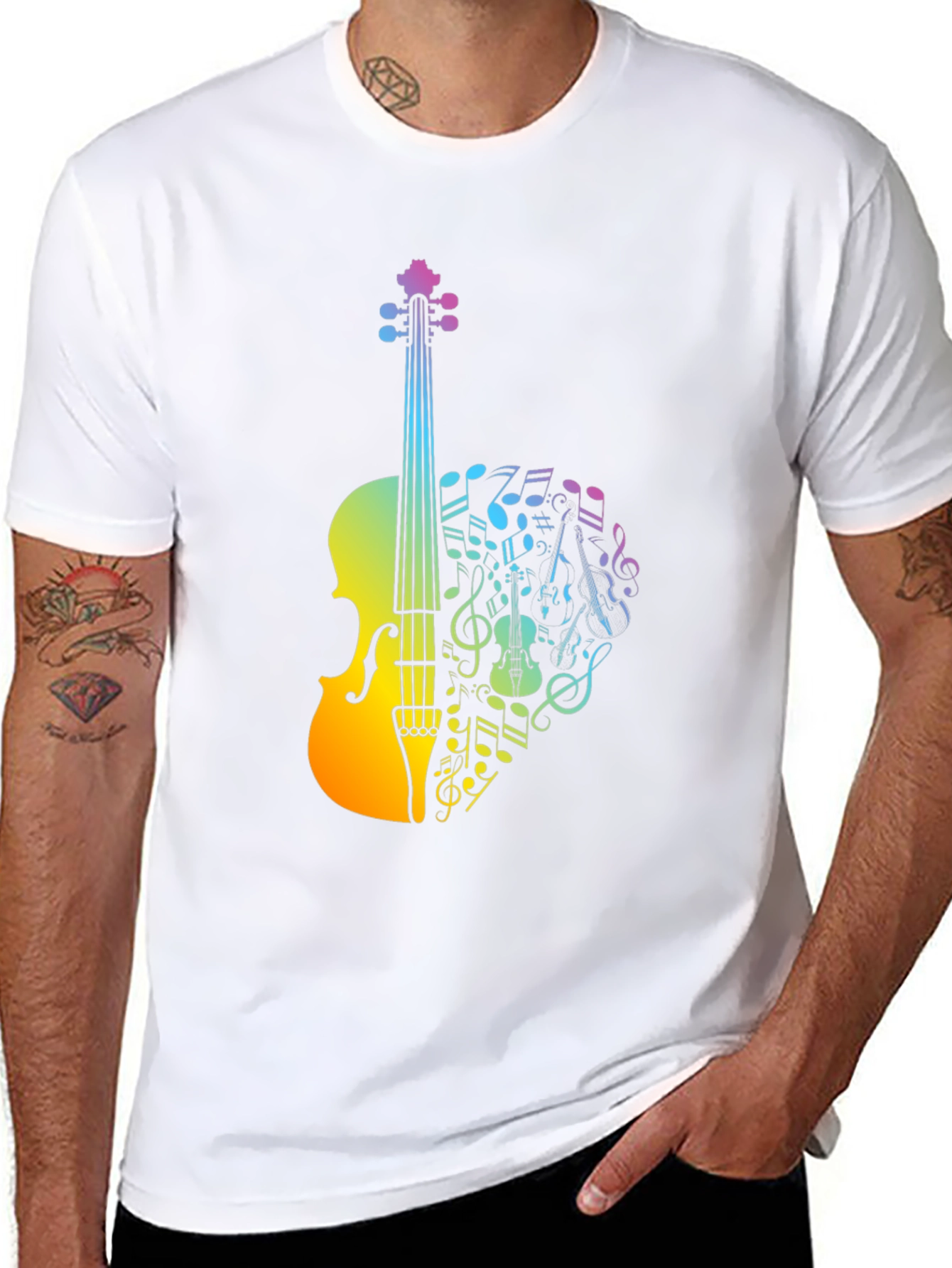 Black Musical Violin T-Shirt - Rainbow Notes Design view 8
