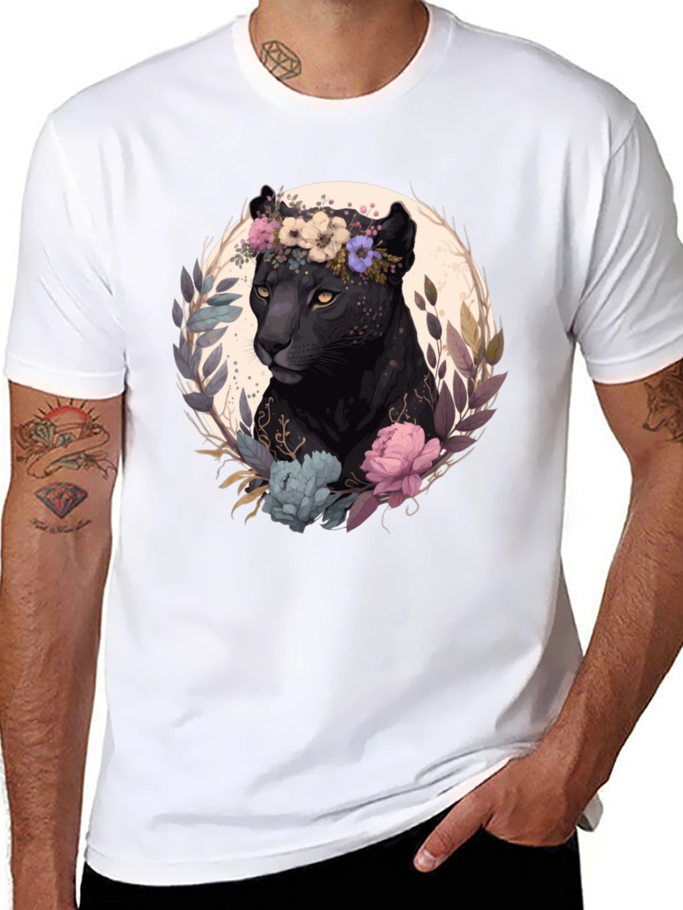 Black Black Panther Floral Wreath Graphic Tee view 8