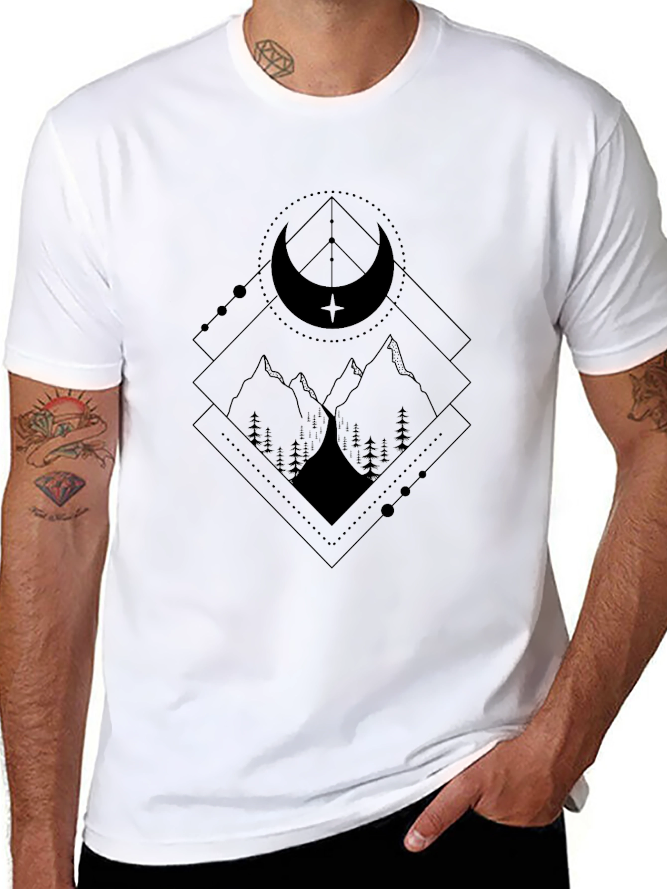 Black Geometric Mountain Moon Black Graphic Tee view 8