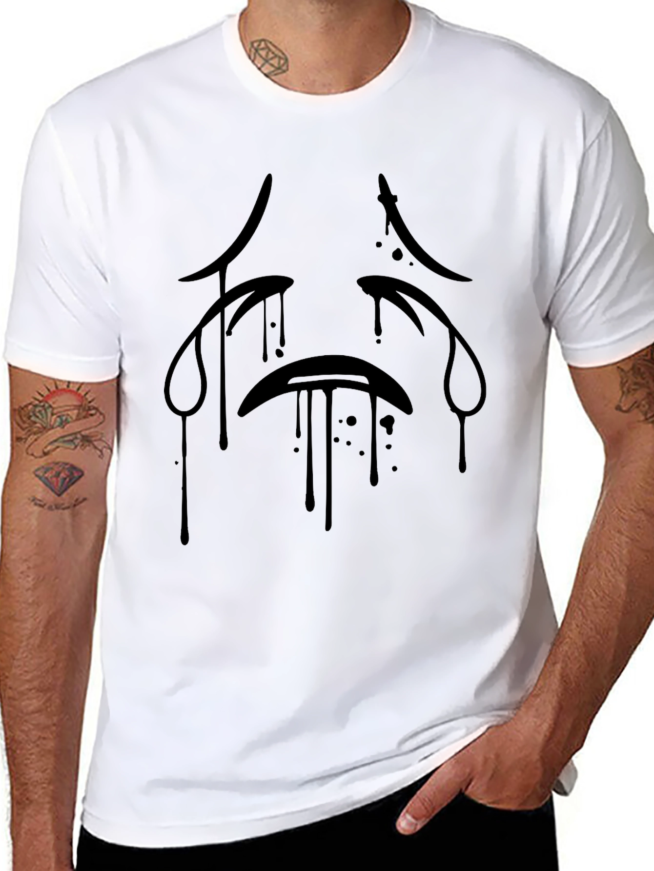 Black Sad Face Graphic Print T-Shirt - Men's Black Tee view 8
