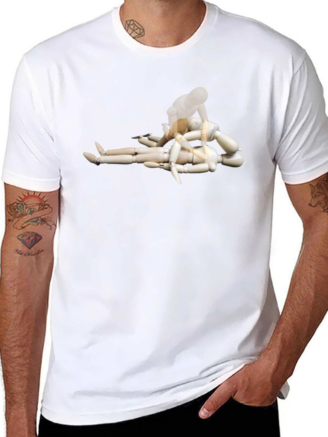Black Man's Black Tee with Mannequin Pileup Graphic view 8