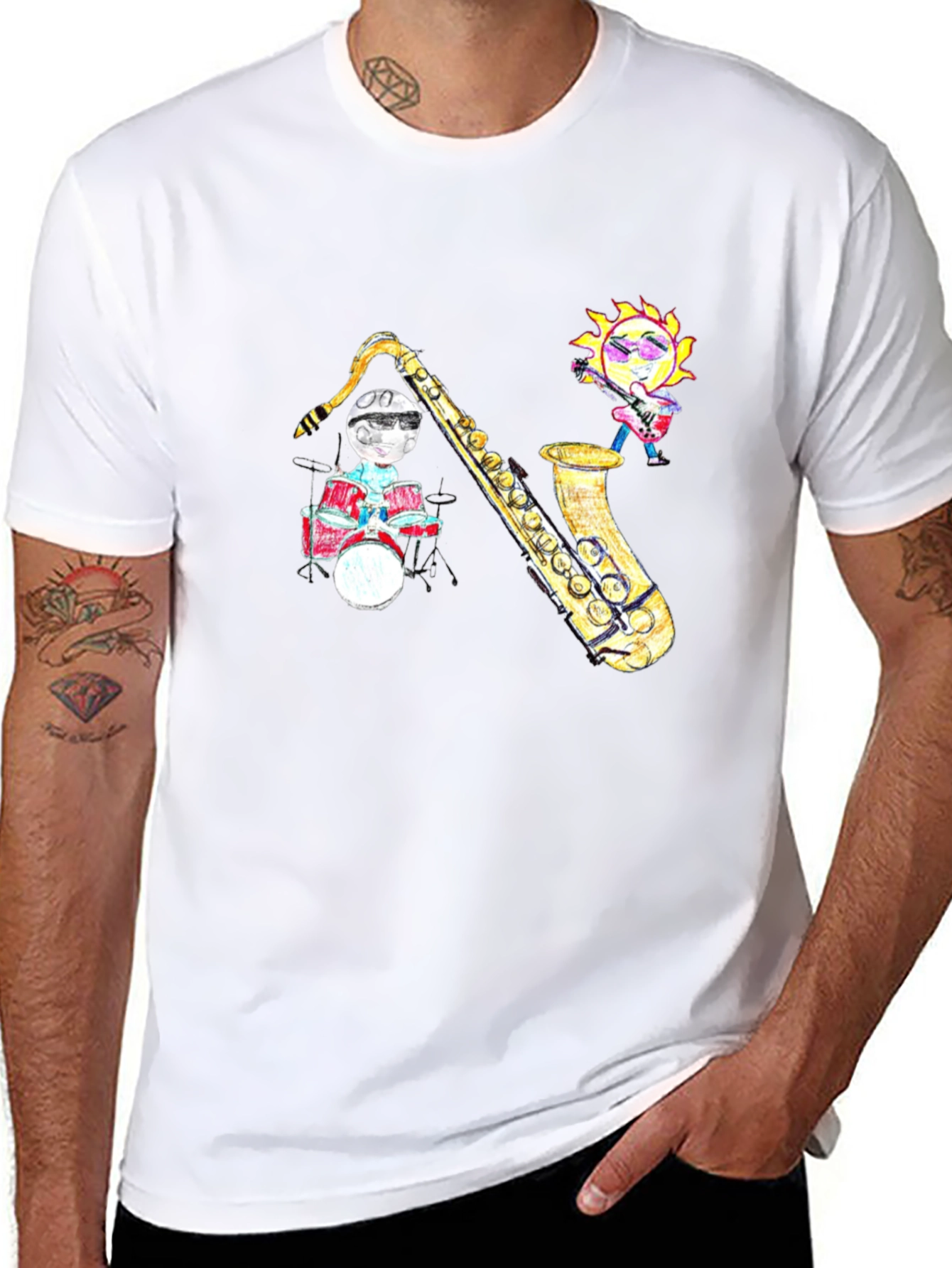 Black Black T-Shirt with Cartoon Jazz Band Graphic view 8