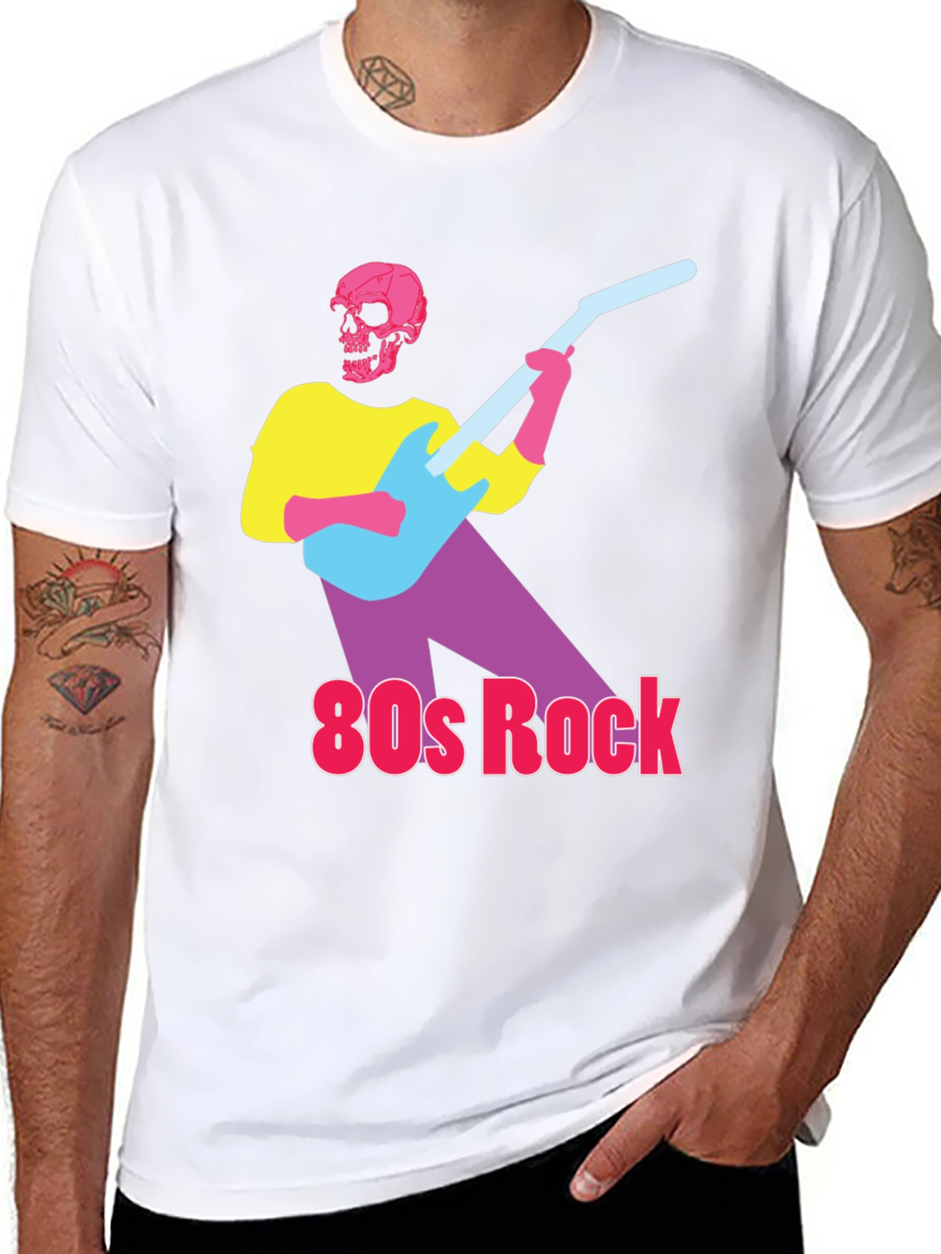 Black 80s Rock Skeleton Guitarist Graphic Tee view 8