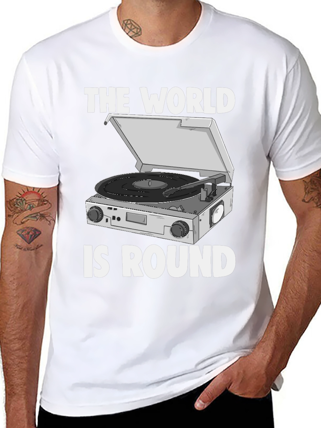 Black The World is Round Vinyl Turntable T-Shirt view 8