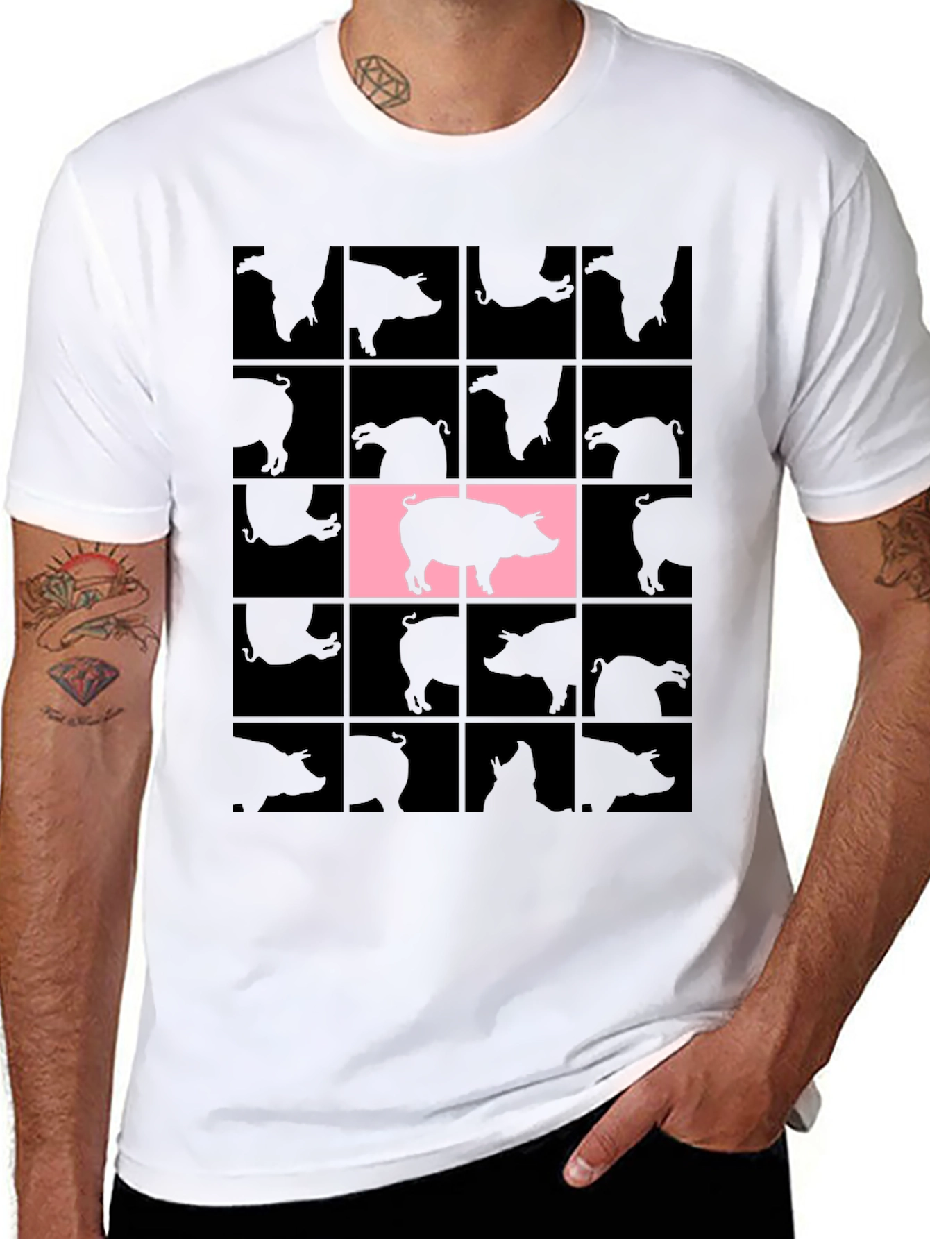 Black Pig Grid T-Shirt - Unique Graphic Tee view 8