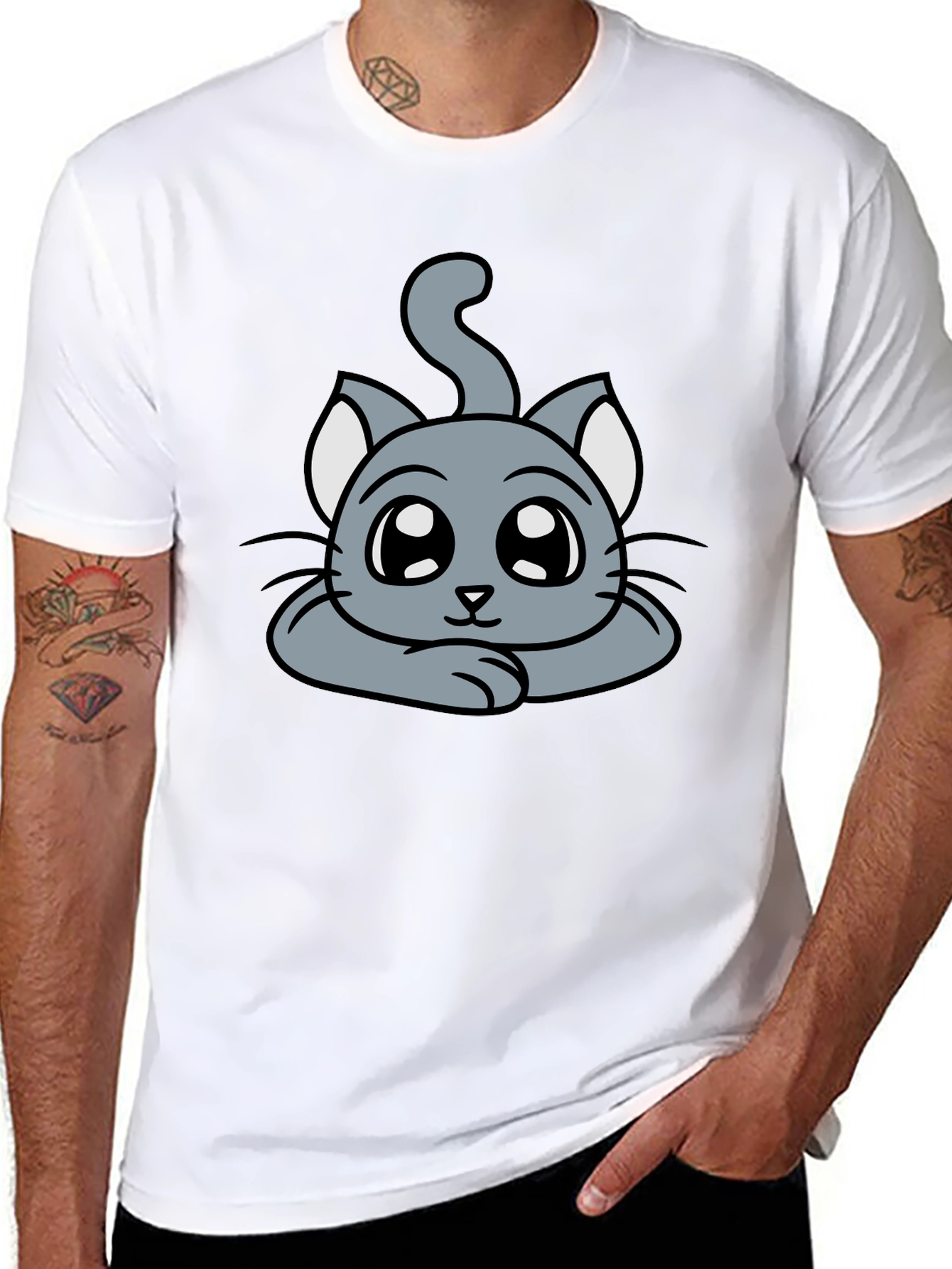 Black Cute Cartoon Cat Graphic T-Shirt - Black view 8