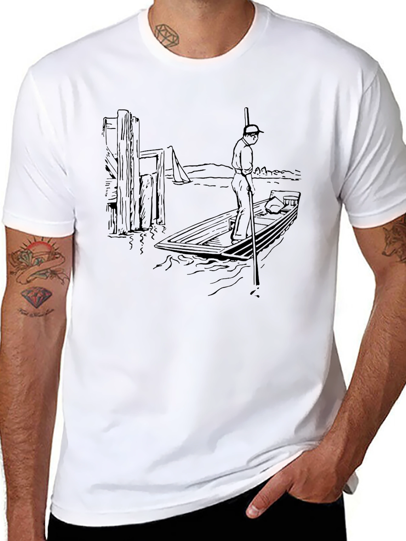 Black Vintage Boating Scene Graphic T-Shirt view 8