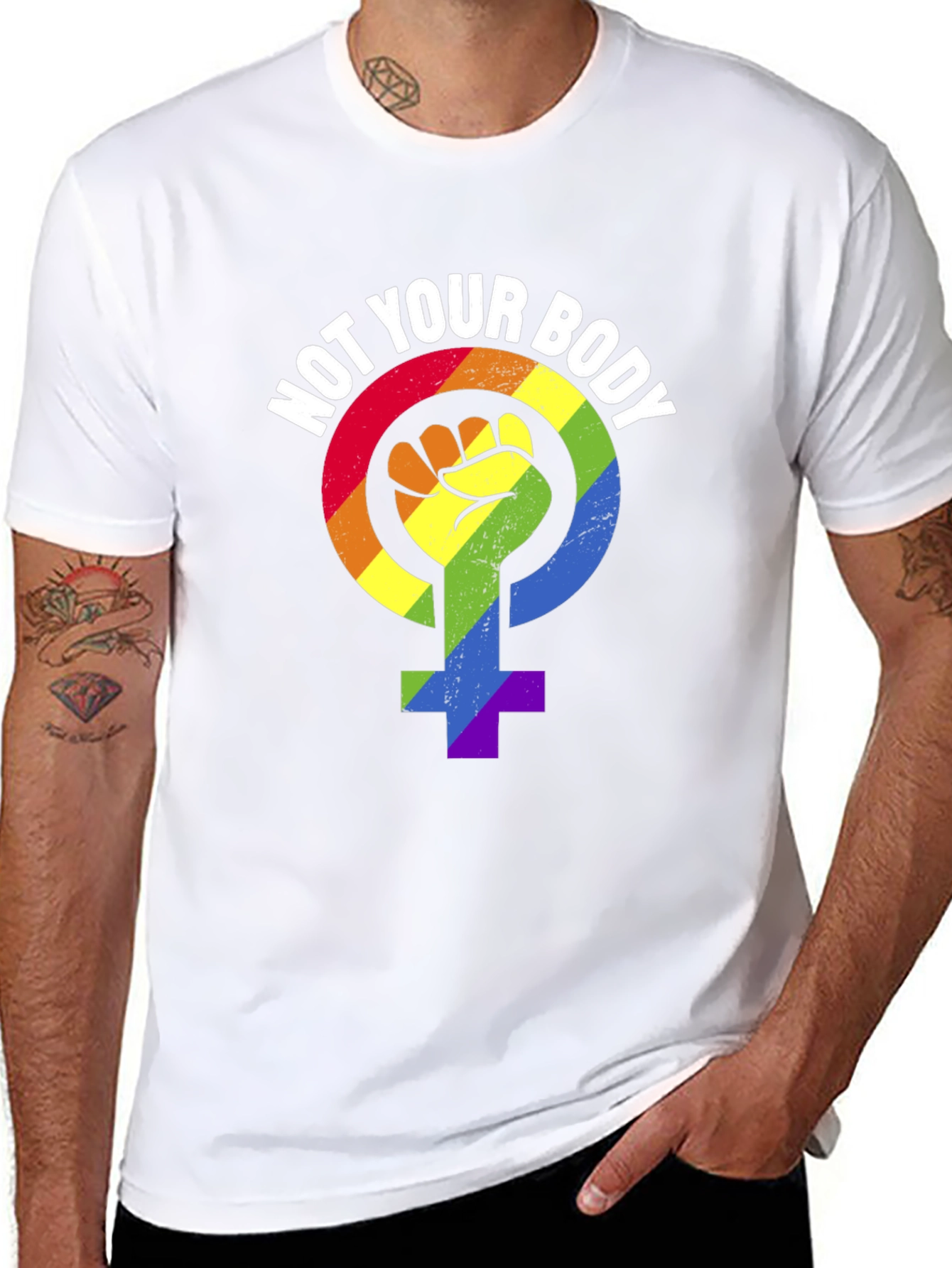 Black Not Your Body T-Shirt - Rainbow Feminist Symbol view 8