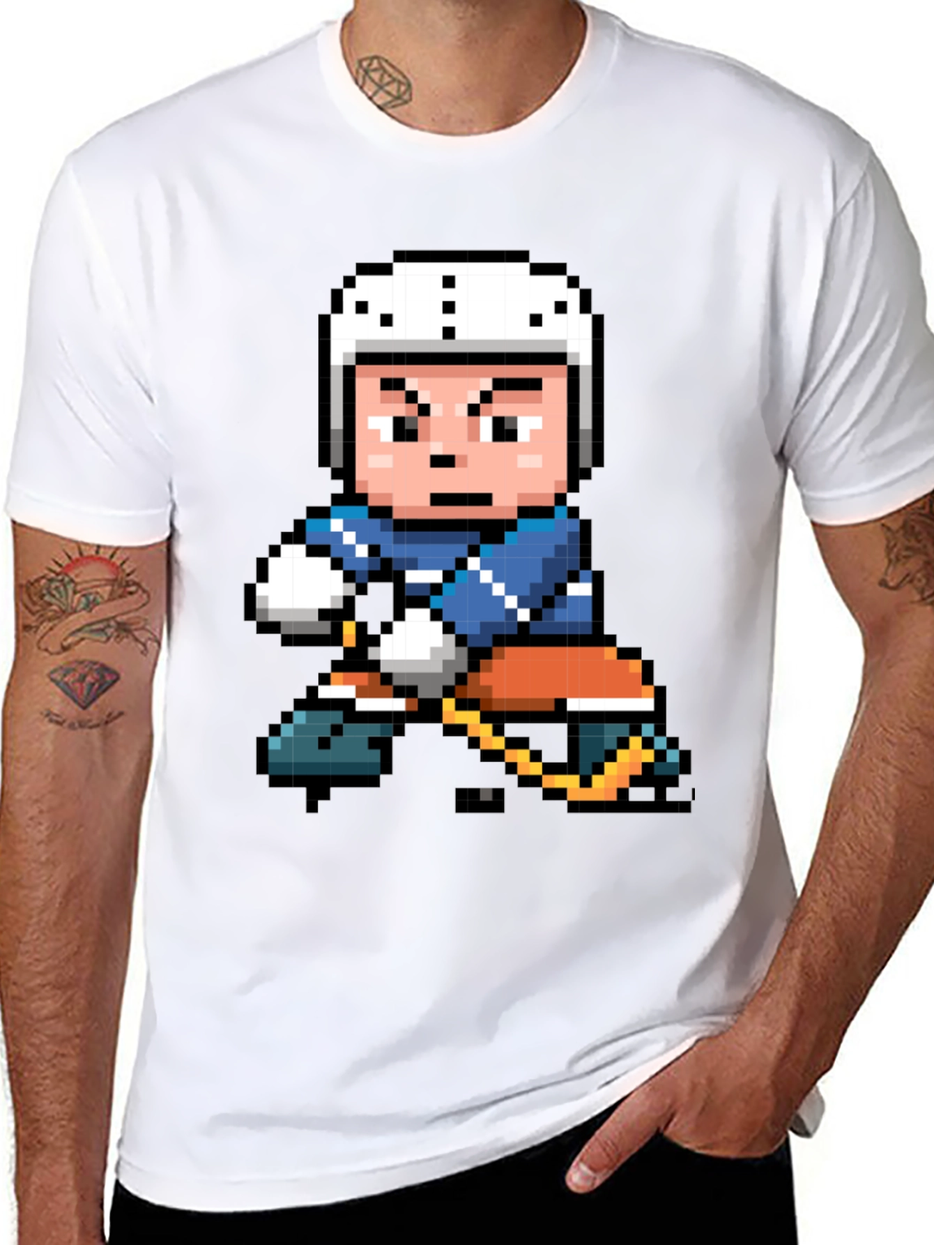 Black Retro Pixel Hockey Player Graphic T-Shirt view 8