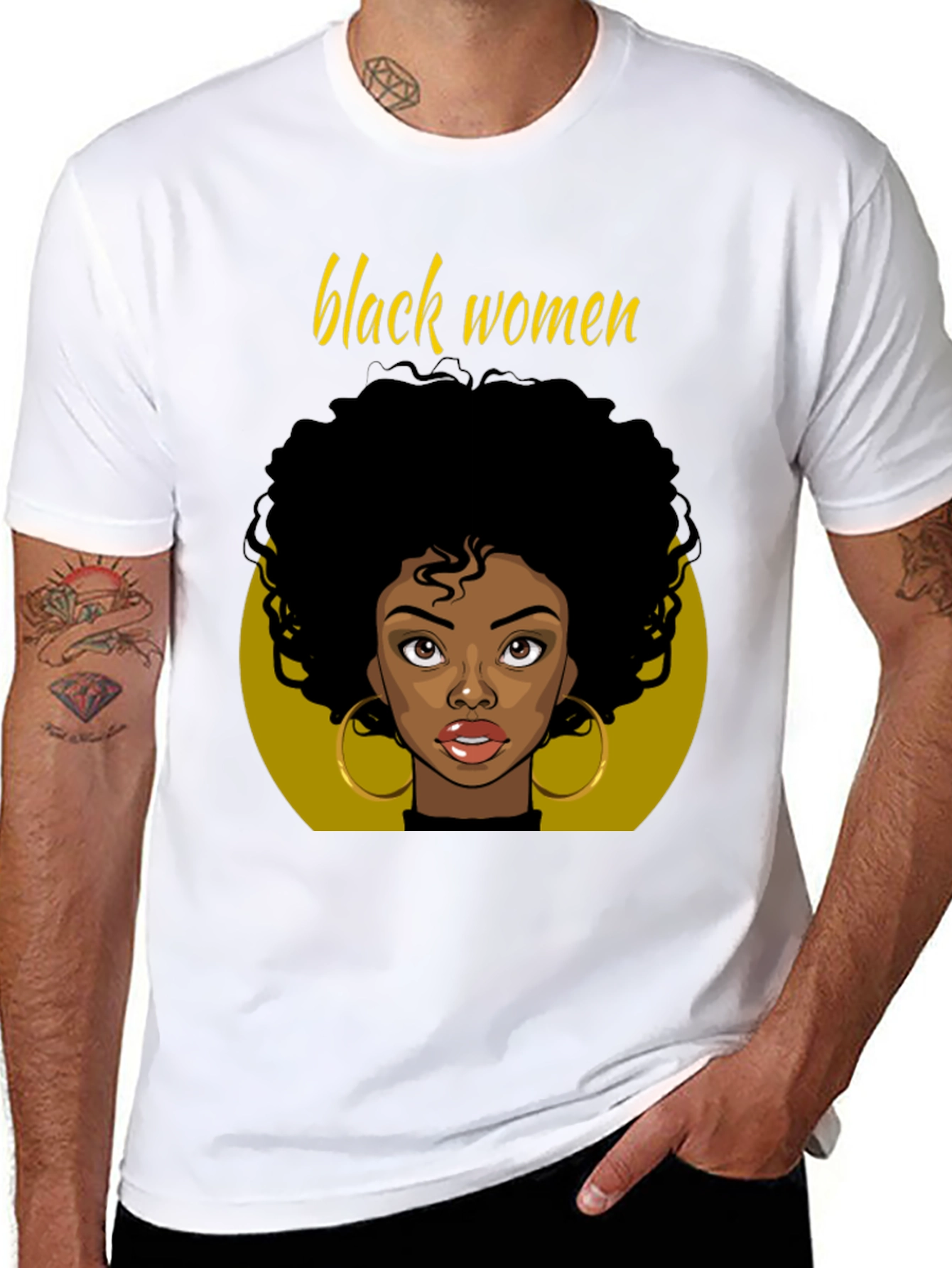 Black Black Women Graphic Tee - Afro Hair, Gold Earrings view 8