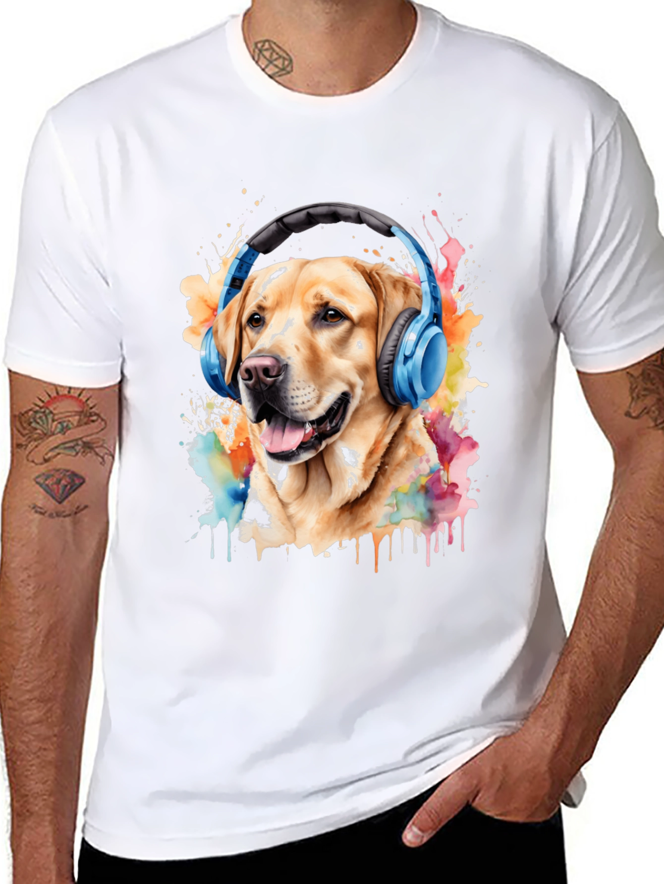 Black Dog with Headphones Graphic Tee - Men's Black T-Shirt view 8