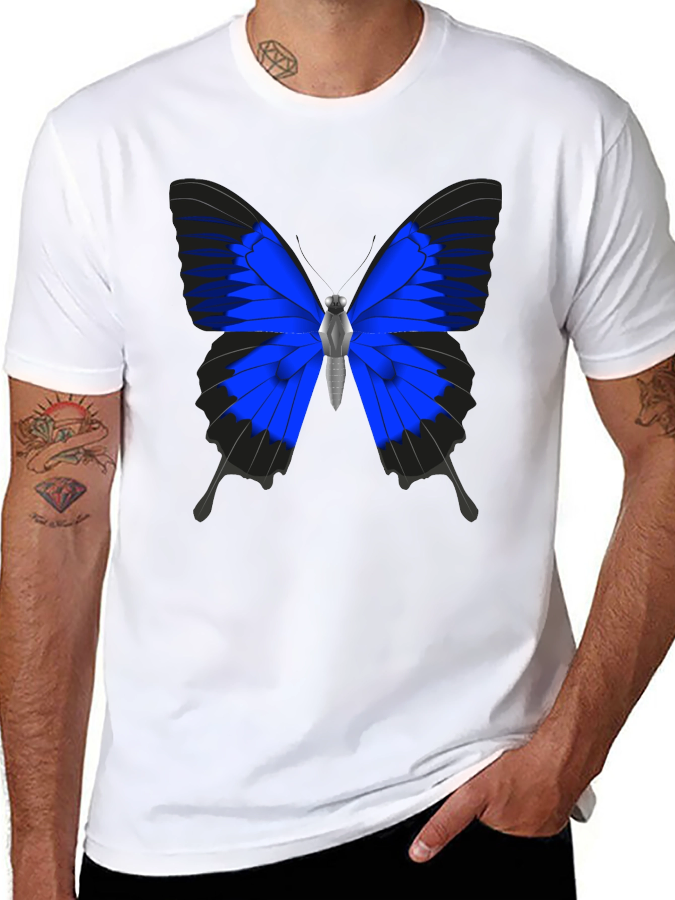 Black Blue Butterfly Graphic Black T-Shirt view 8