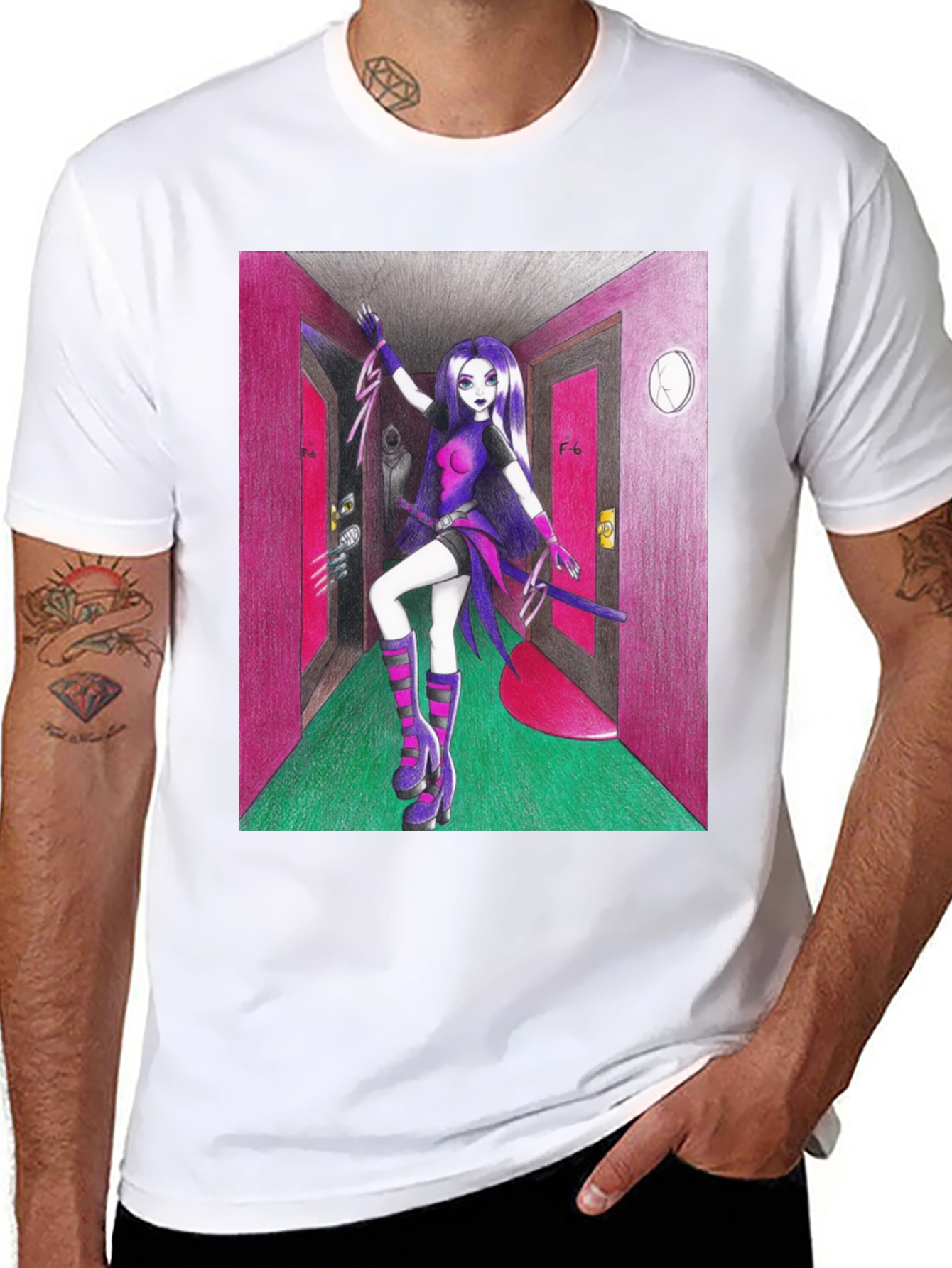 Black Anime Girl in Hallway Graphic Tee view 8